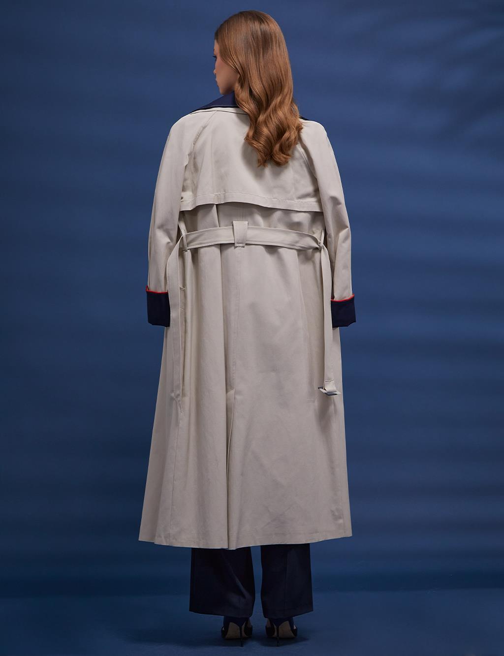 Wide Collar Belted Trench Coat Cream