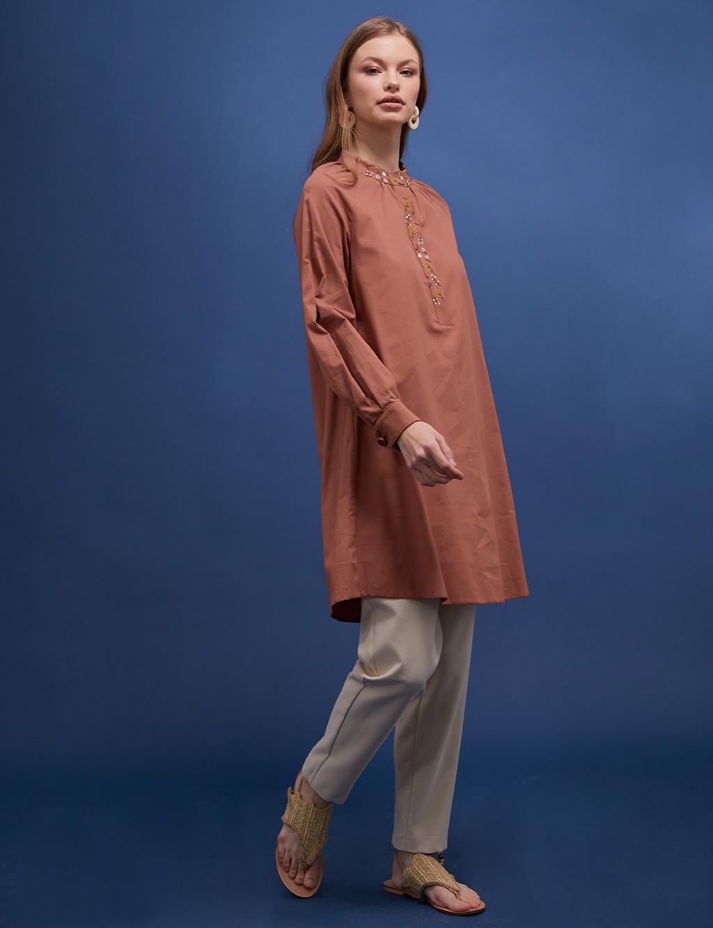 Embroidered Grandad Collar Tunic Camel