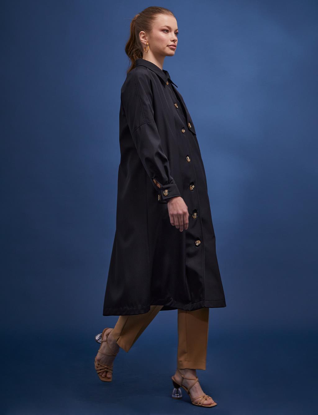 Back Pleated Bone Button Trench Coat Black