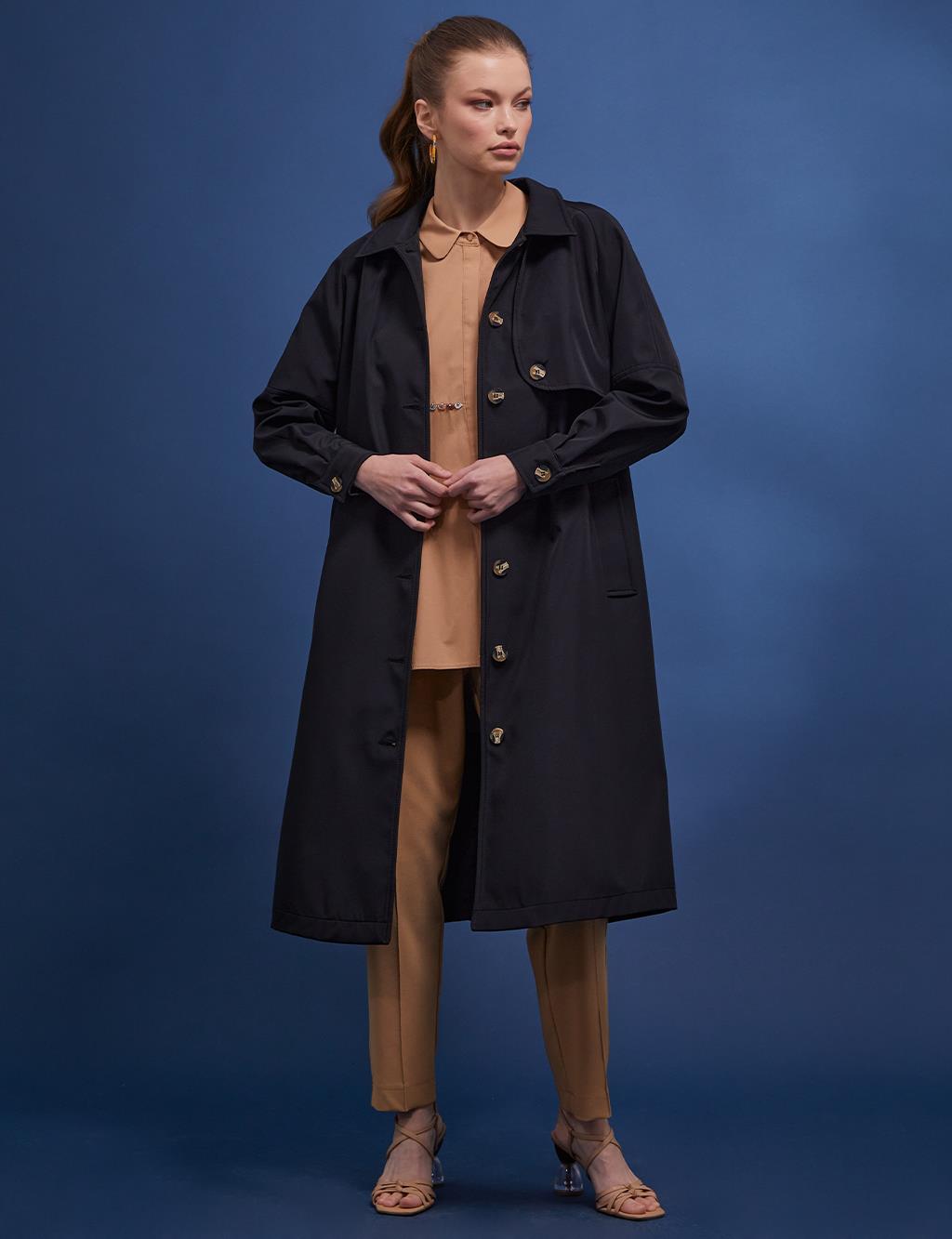 Back Pleated Bone Button Trench Coat Black