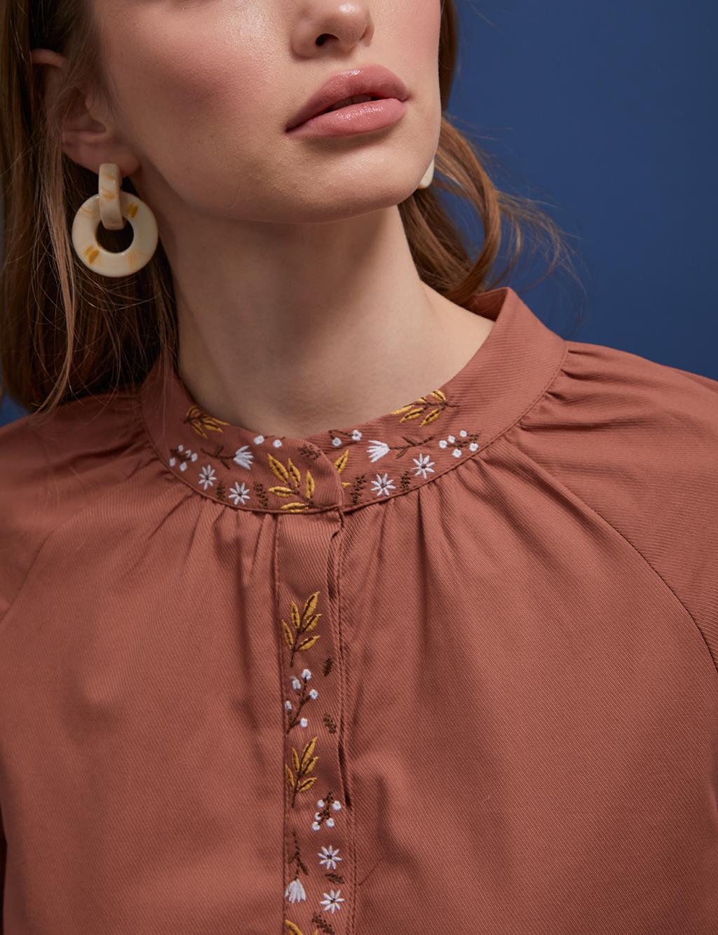 Embroidered Grandad Collar Tunic Camel
