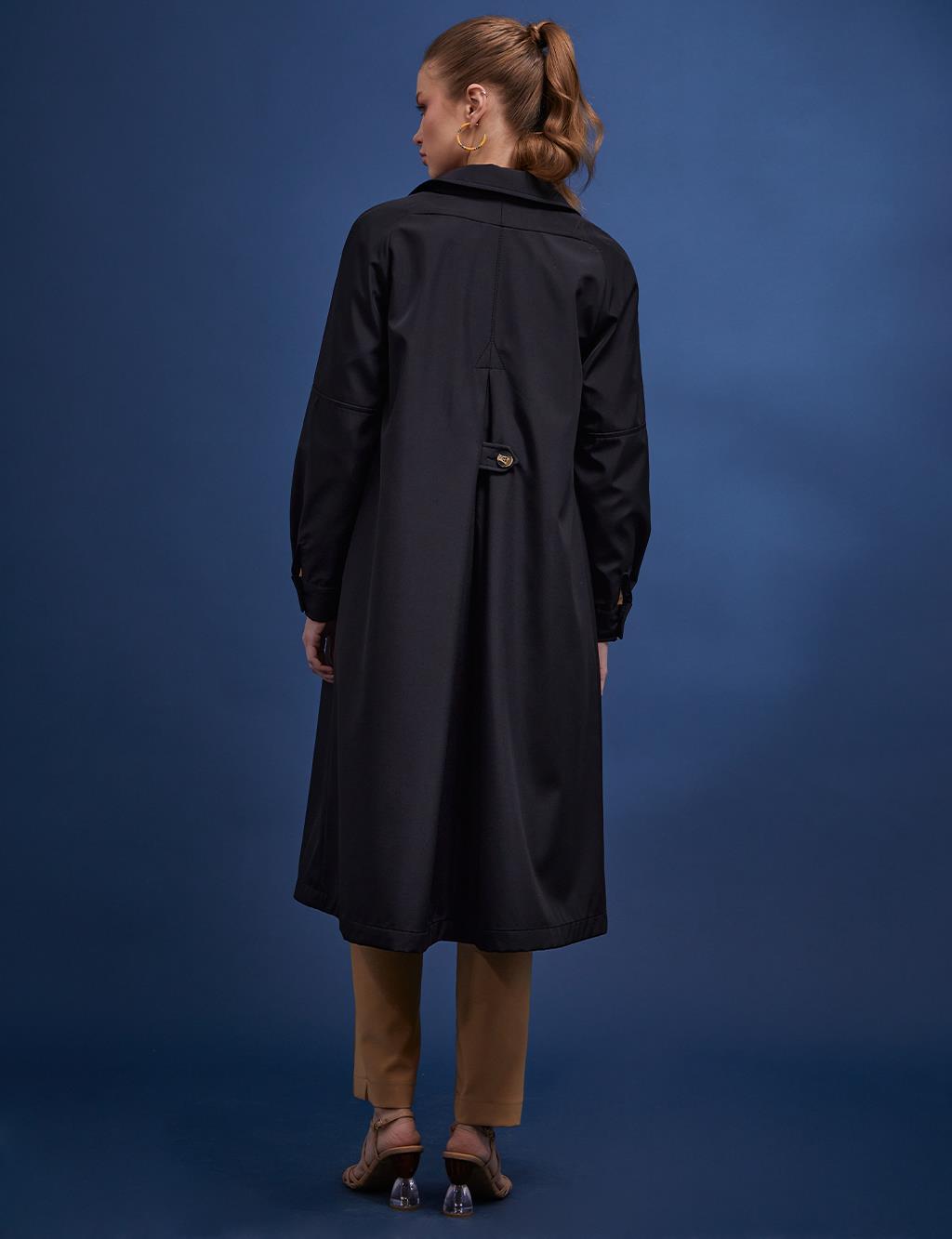 Back Pleated Bone Button Trench Coat Black