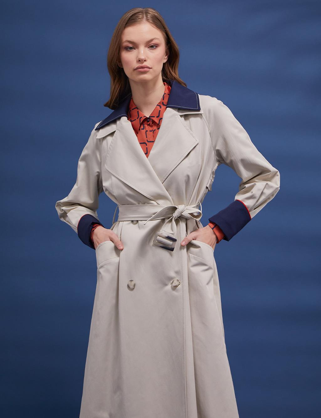 Wide Collar Belted Trench Coat Cream