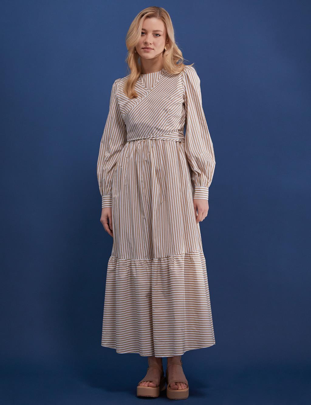 Layer Detailed Striped Dress Beige-White