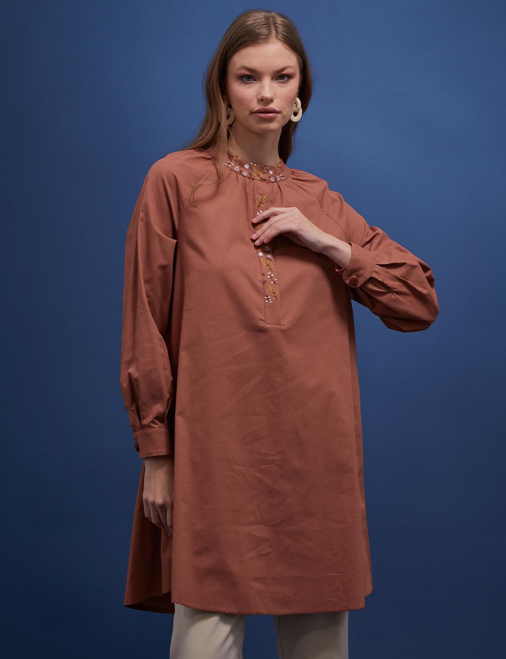 Embroidered Grandad Collar Tunic Camel