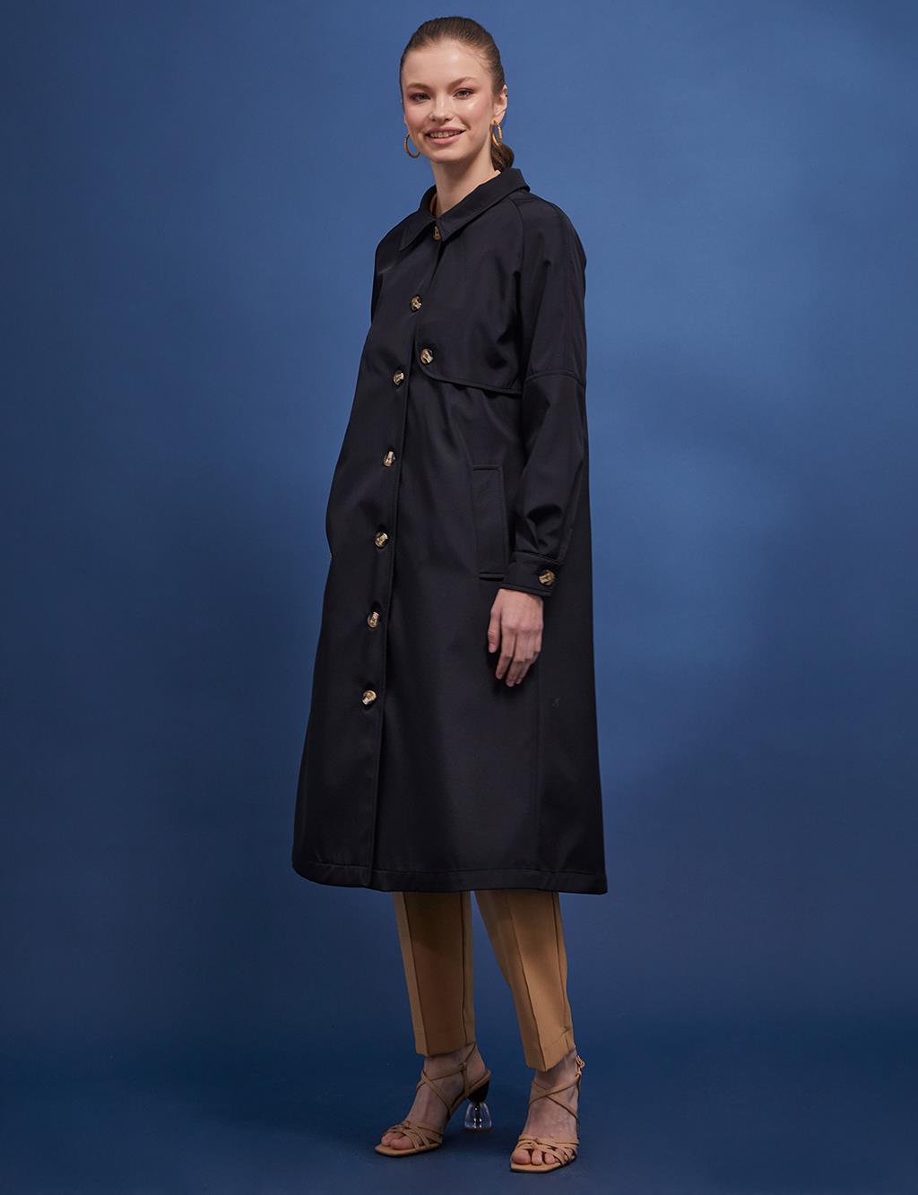 Back Pleated Bone Button Trench Coat Black