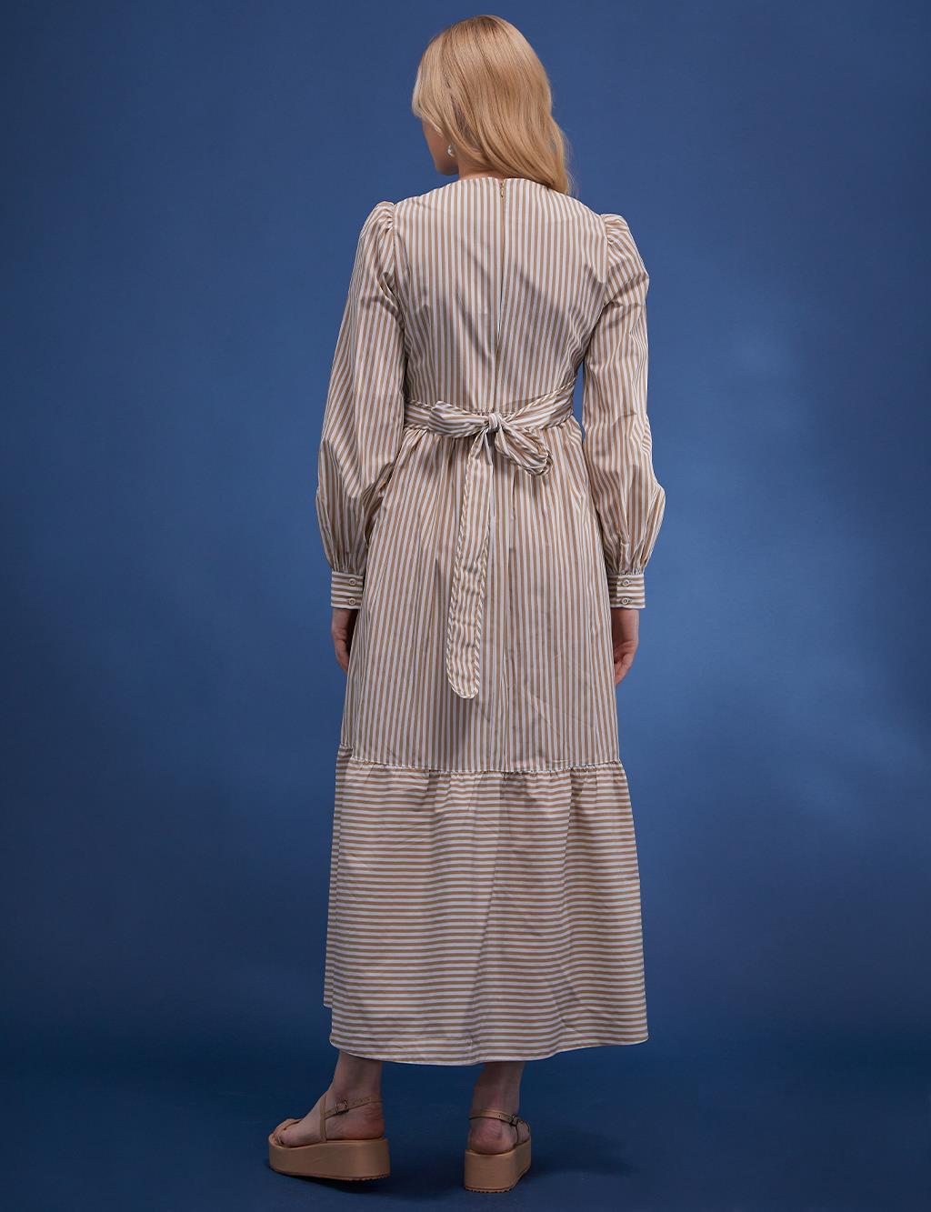 Layer Detailed Striped Dress Beige-White