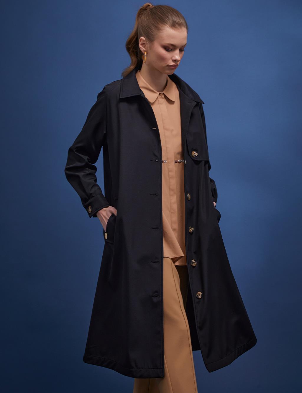 Back Pleated Bone Button Trench Coat Black - Kayra.com