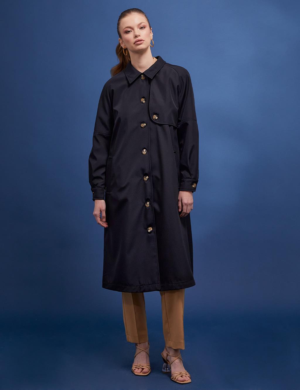 Back Pleated Bone Button Trench Coat Black