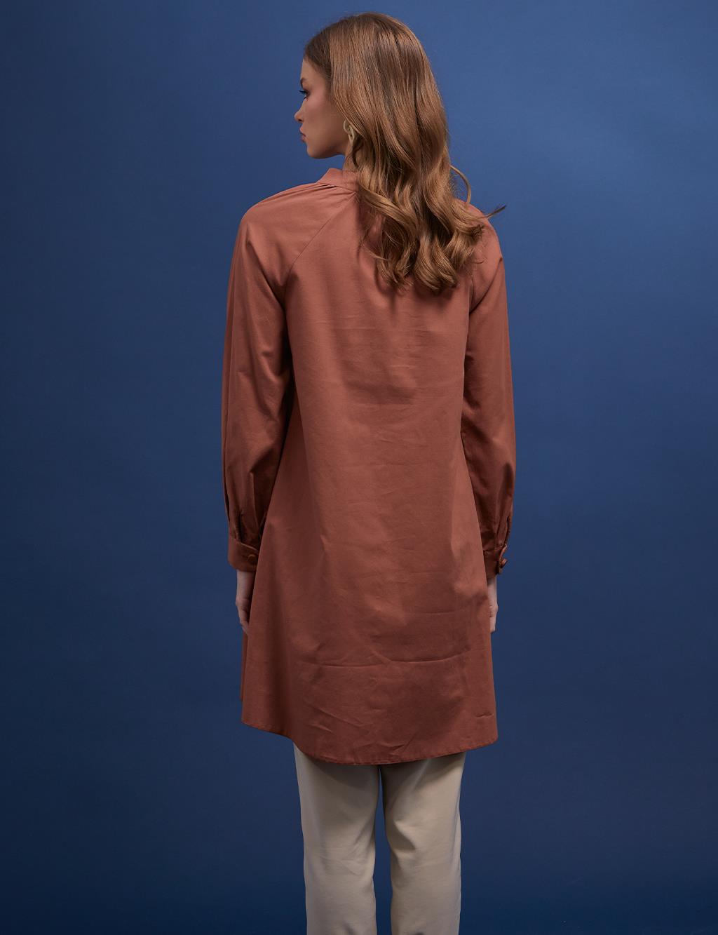 Embroidered Grandad Collar Tunic Camel