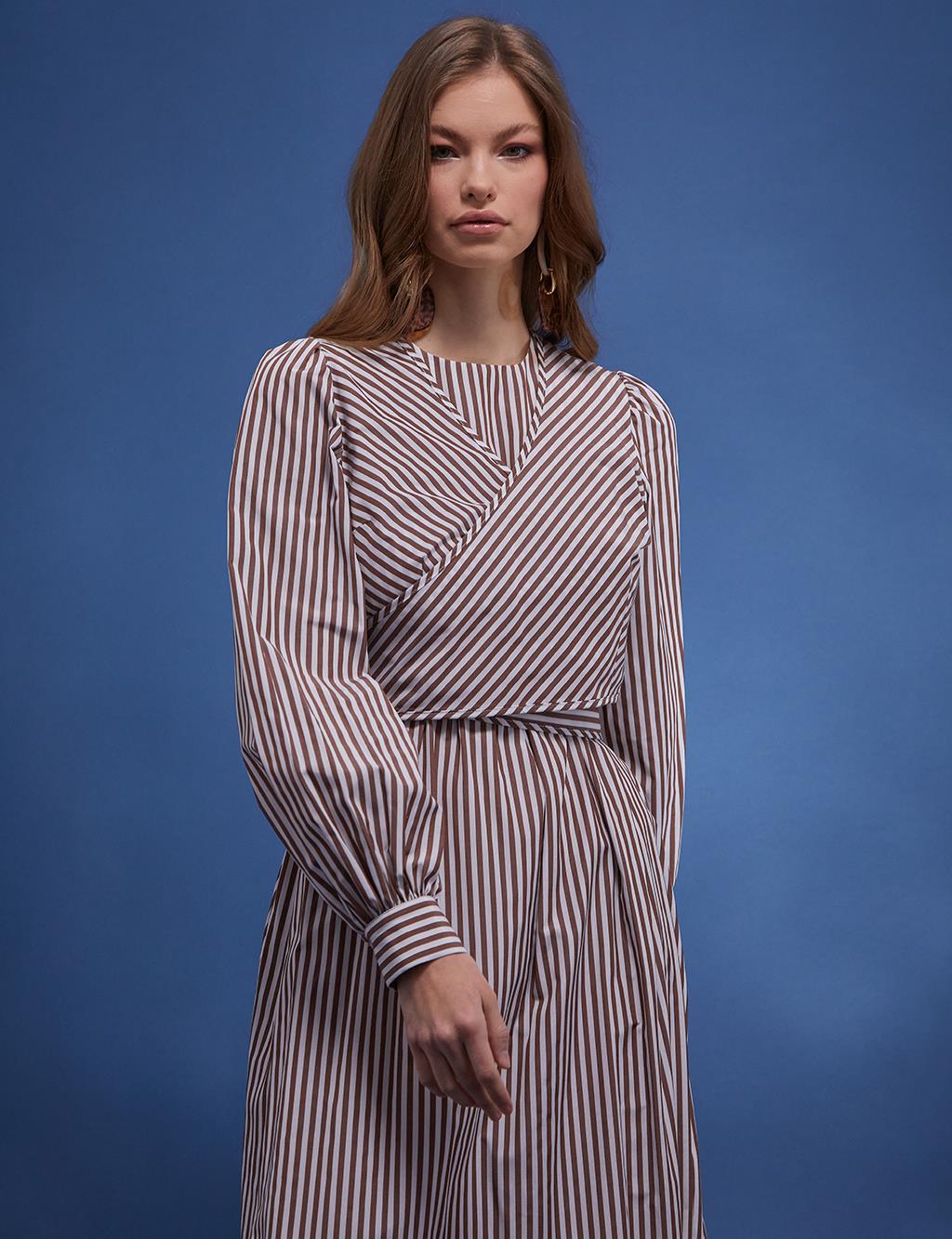 Layer Detailed Striped Dress Brown-White