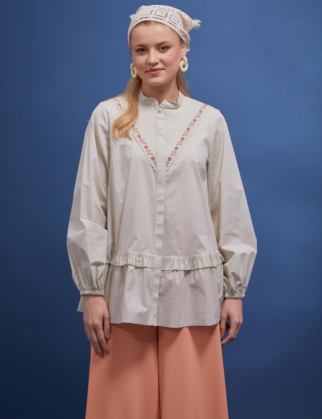 Frilly Embroidered Blouse Cream