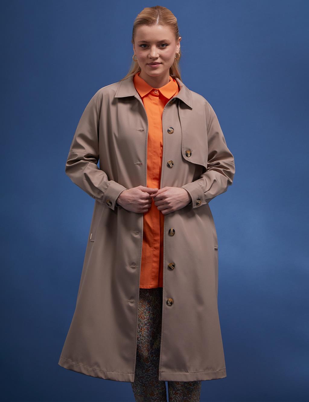 Back Pleated Bone Button Trench Coat Stone