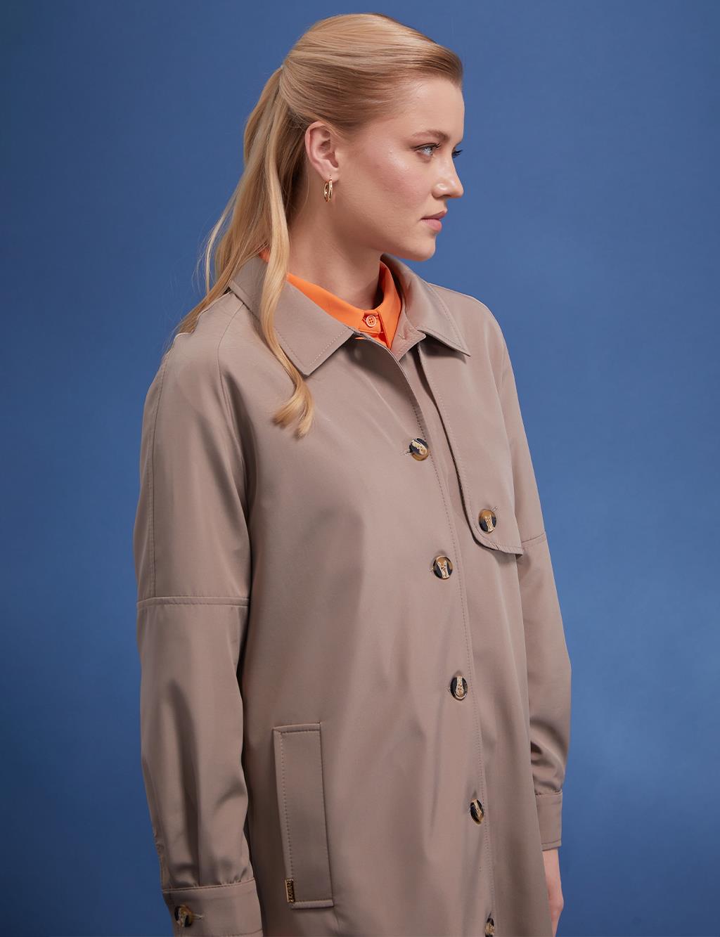 Back Pleated Bone Button Trench Coat Stone