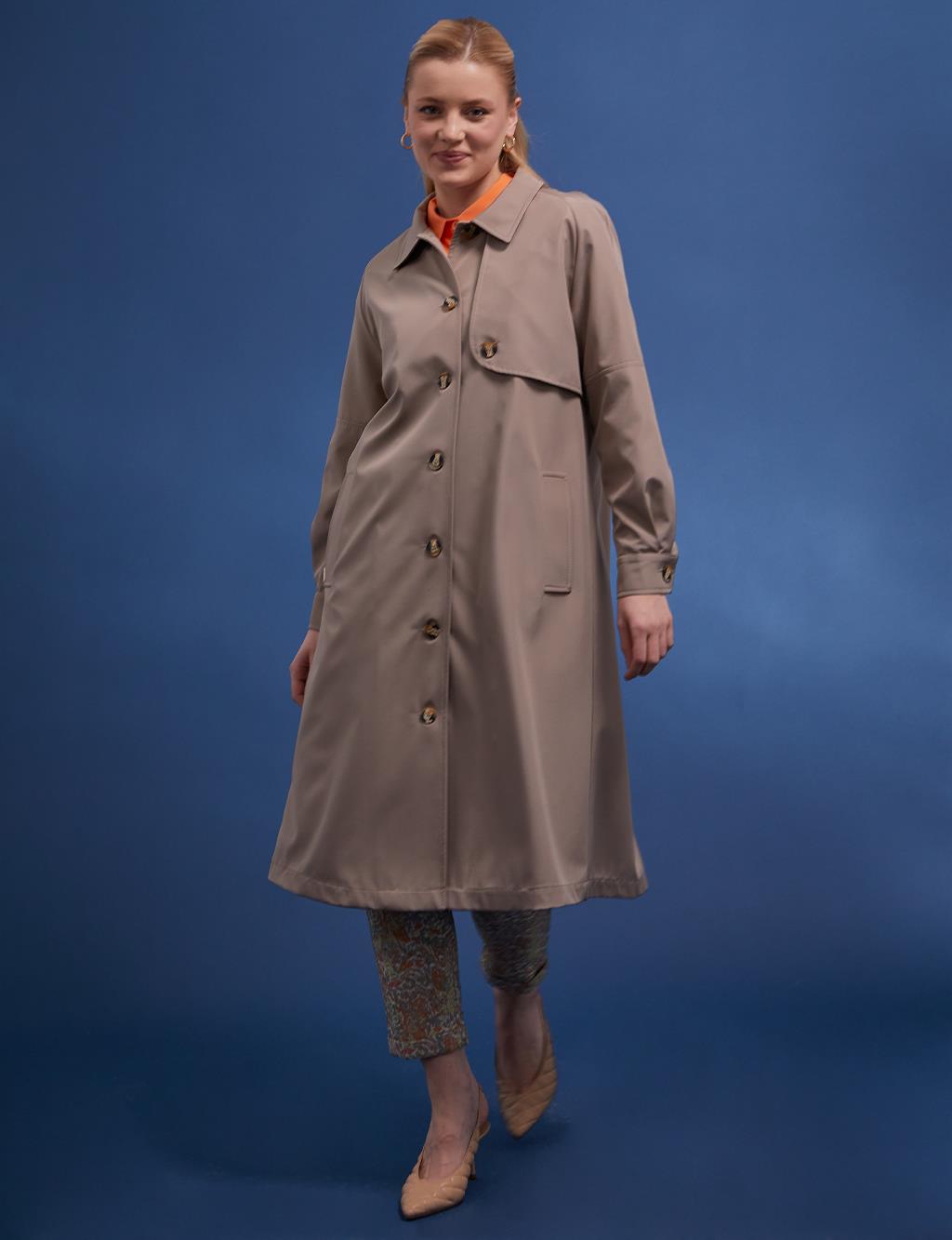 Back Pleated Bone Button Trench Coat Stone