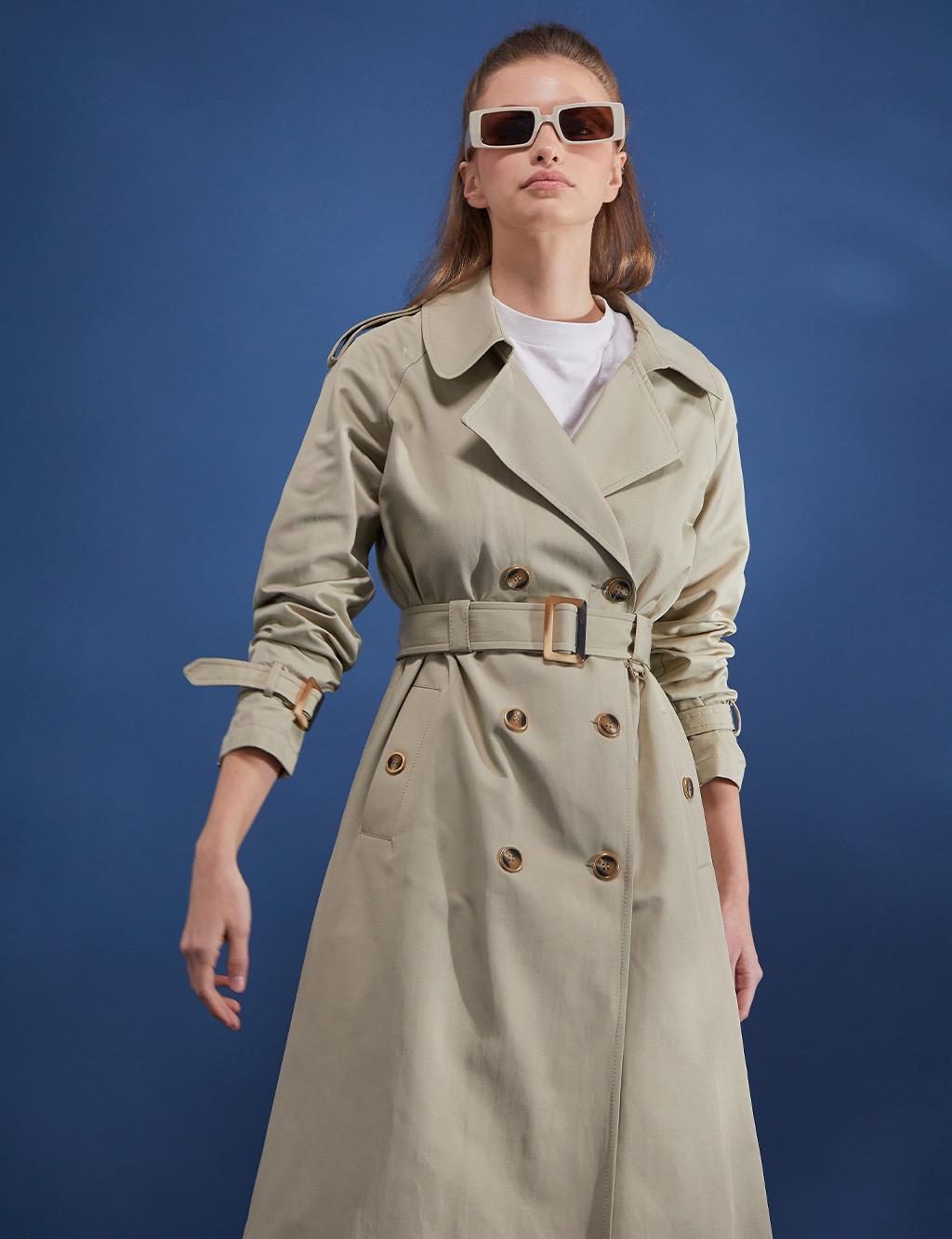 Kemik Düğmeli Kruvaze Trençkot Küf Yeşili