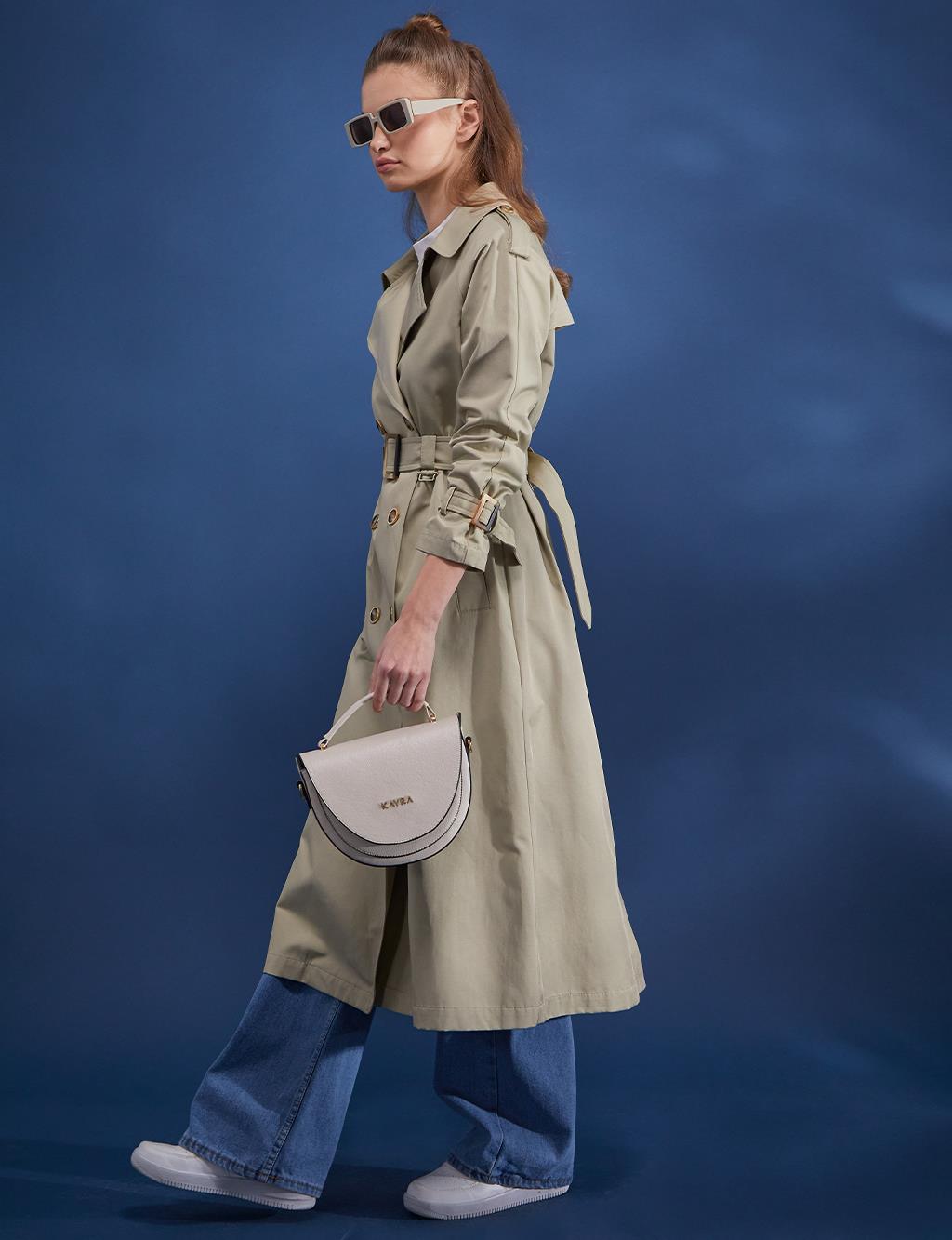 Kemik Düğmeli Kruvaze Trençkot Küf Yeşili