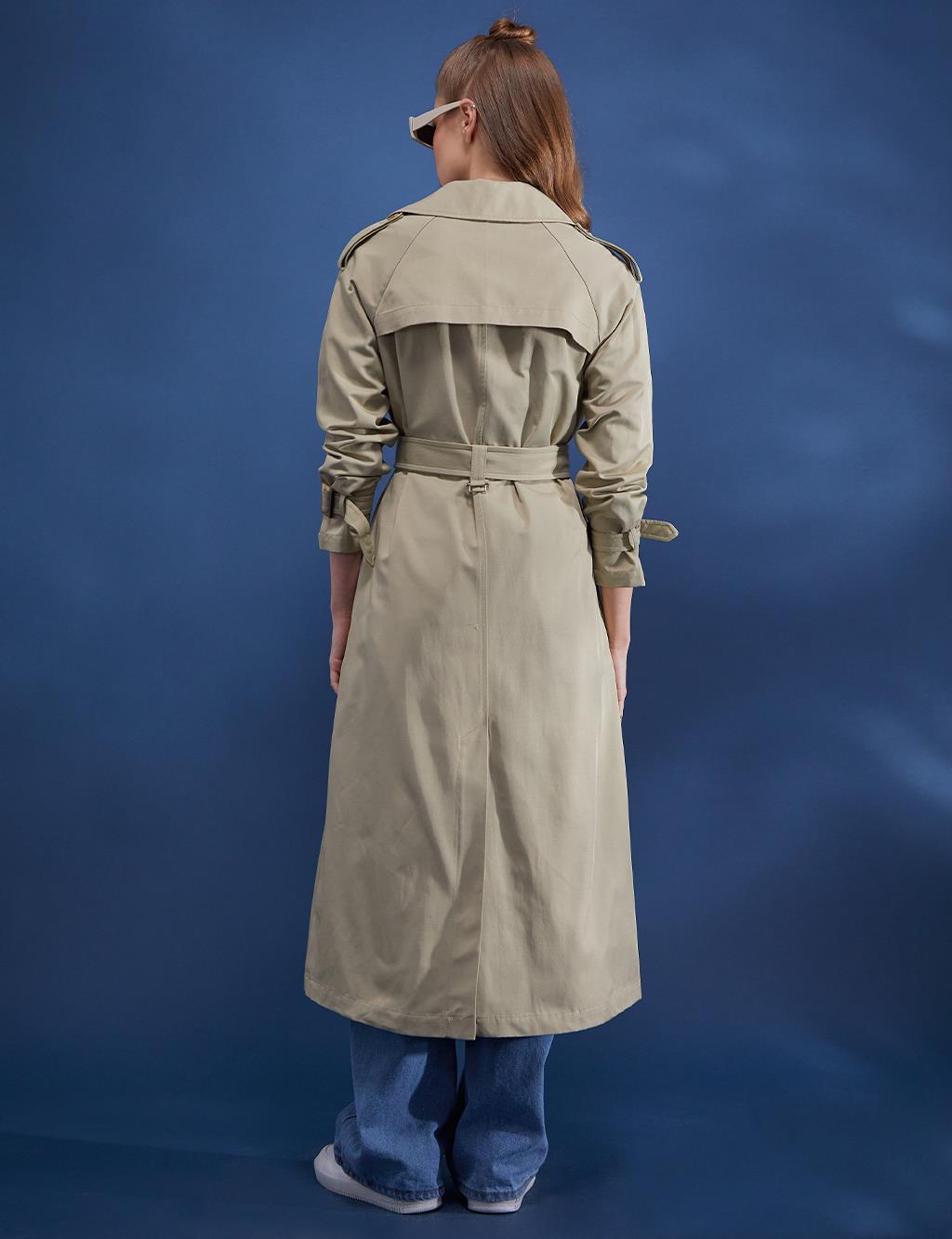 Kemik Düğmeli Kruvaze Trençkot Küf Yeşili