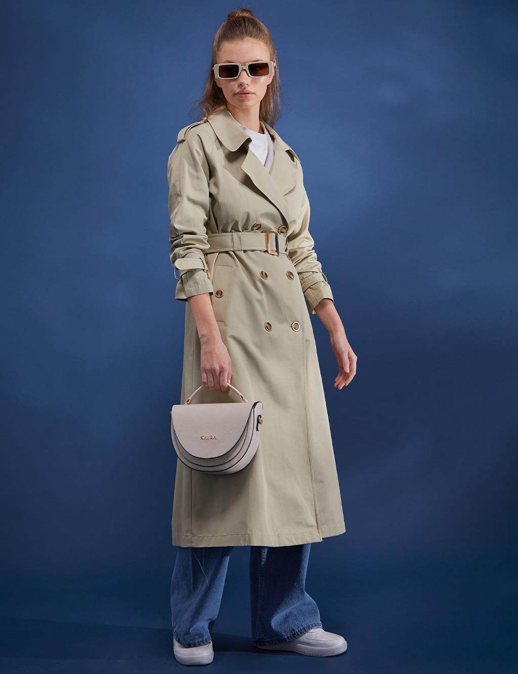 Kemik Düğmeli Kruvaze Trençkot Küf Yeşili