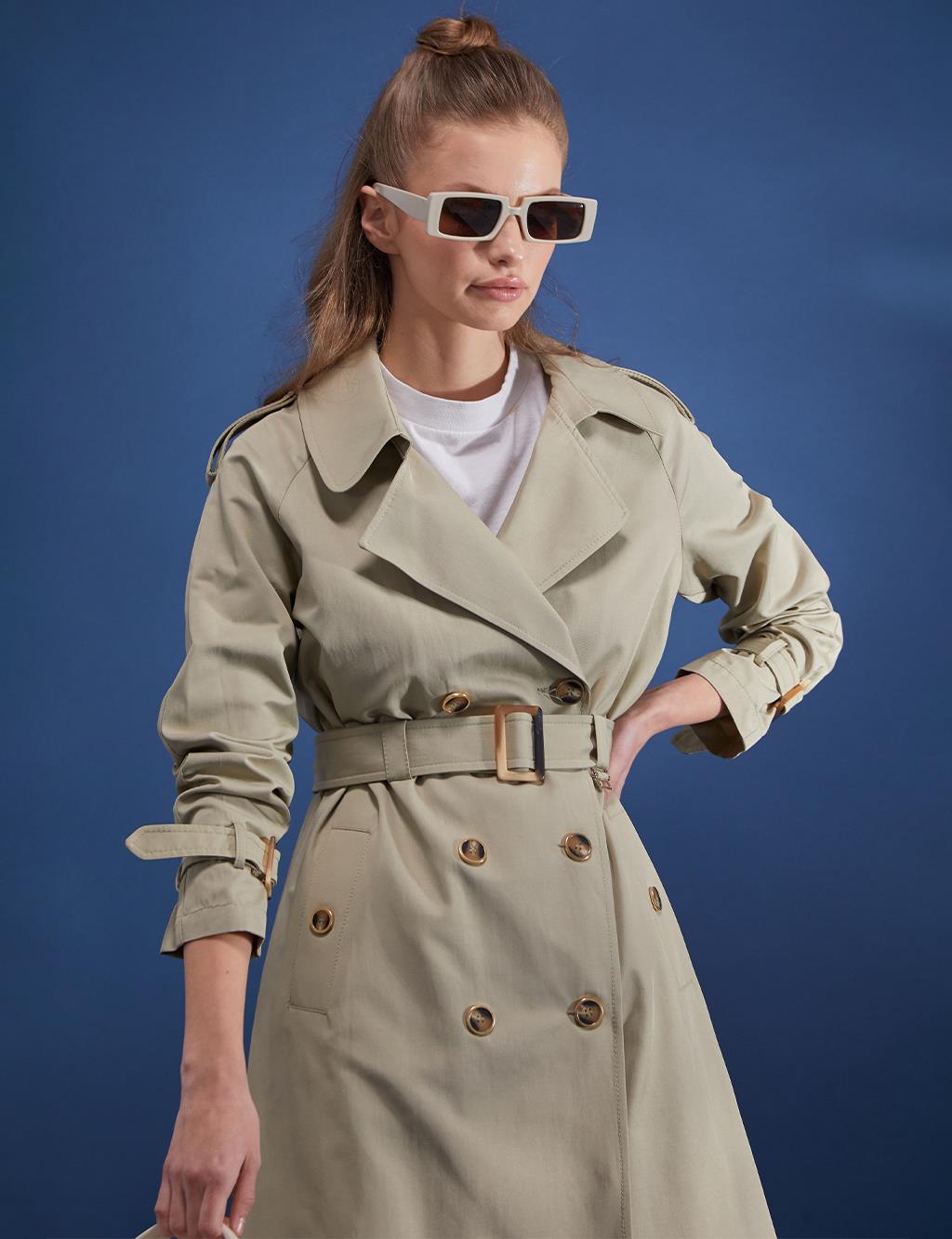 Kemik Düğmeli Kruvaze Trençkot Küf Yeşili