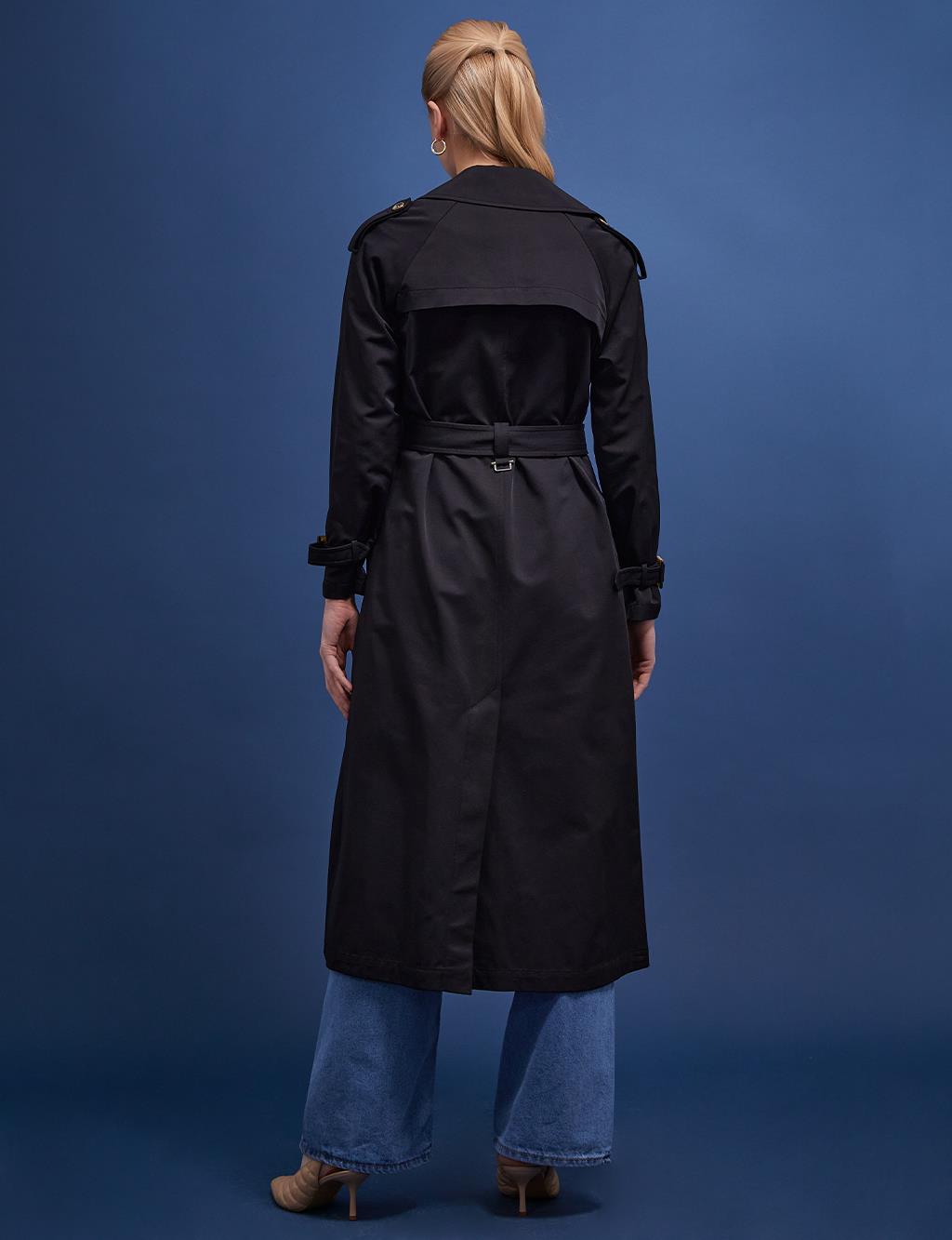 Bone Buttons Double Breasted Trench Coat Black