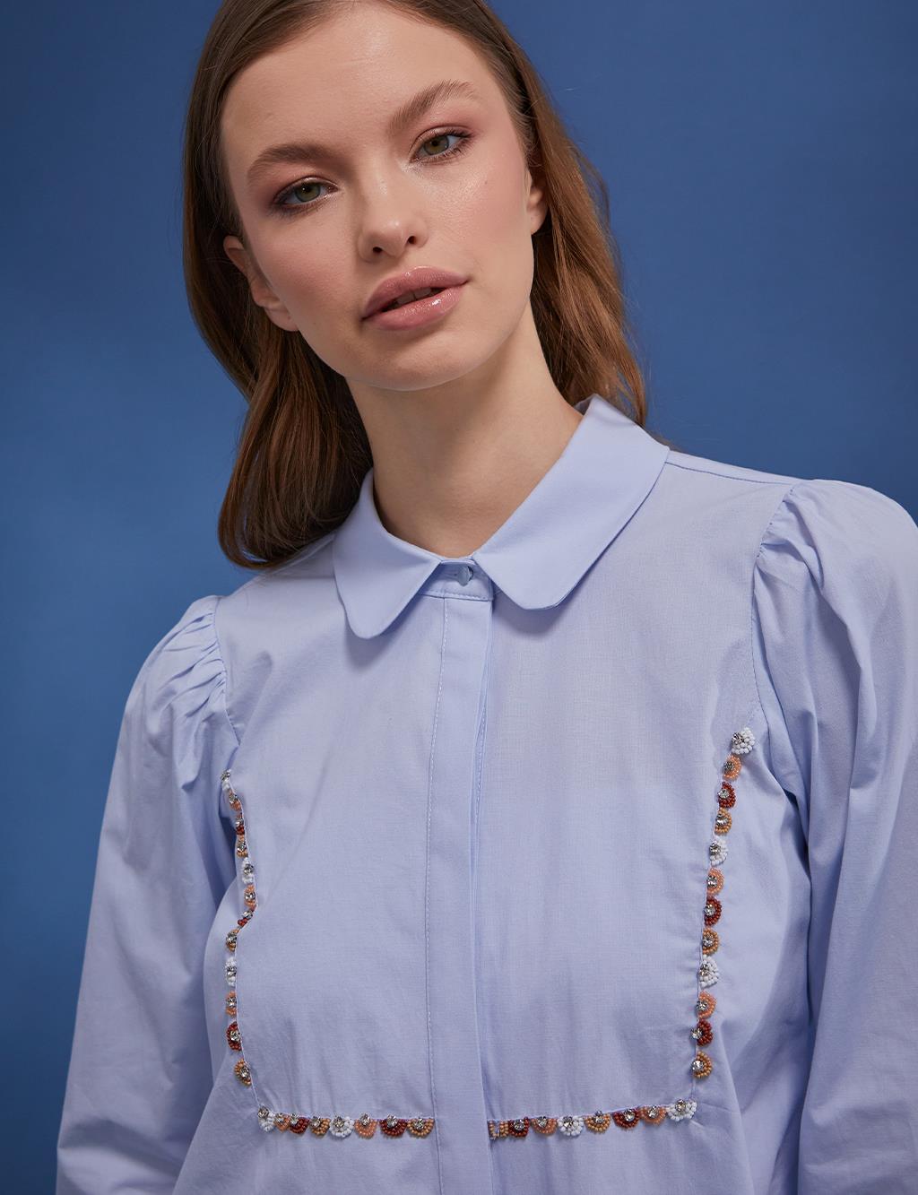 Bead Embellished Back Pleated Tunic Blue