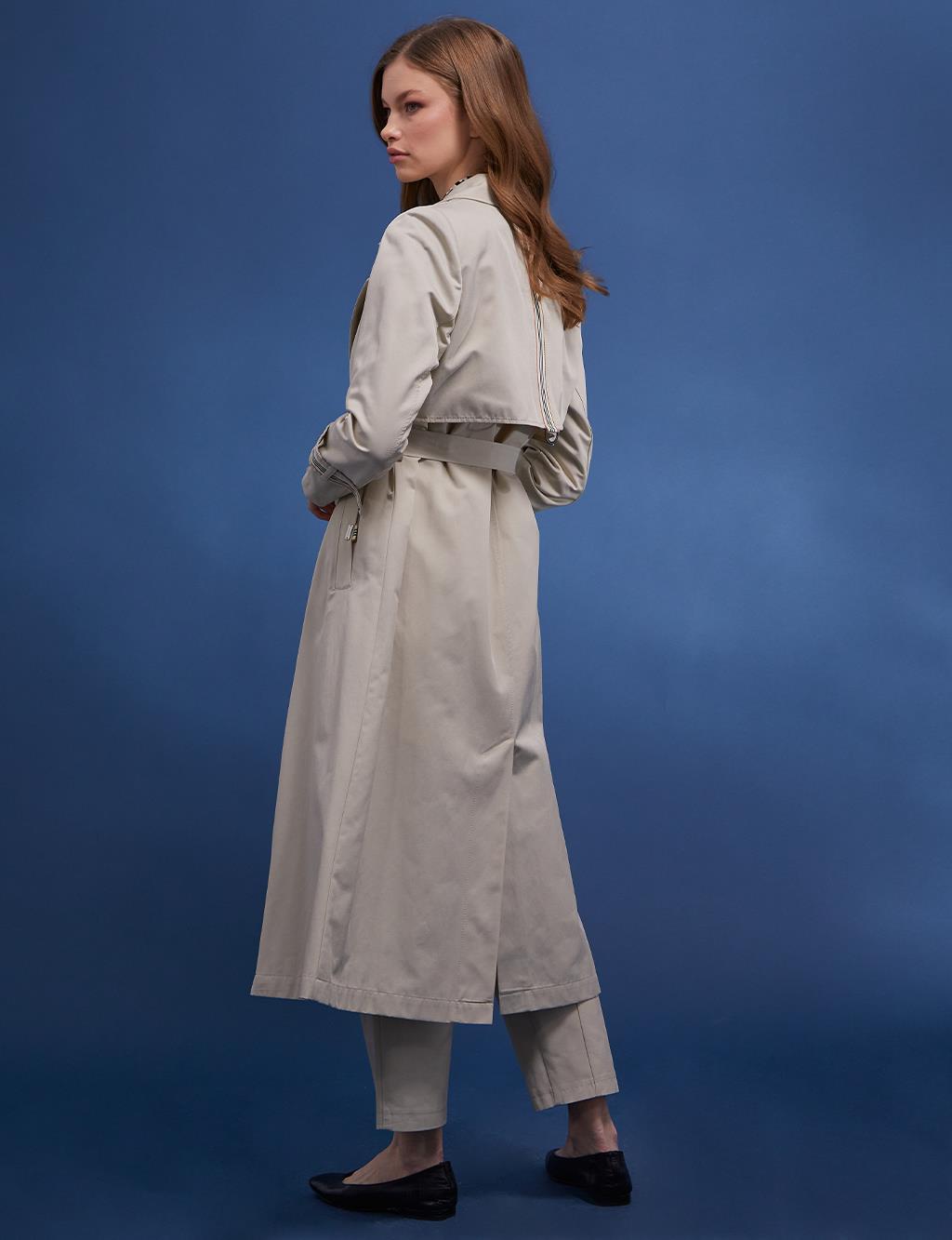 Windbreaker Detailed Ankle Epaulette Trench Coat Cream