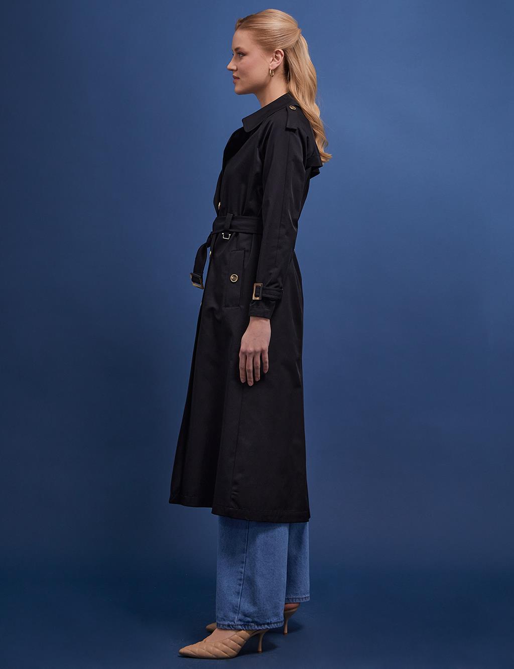 Bone Buttons Double Breasted Trench Coat Black