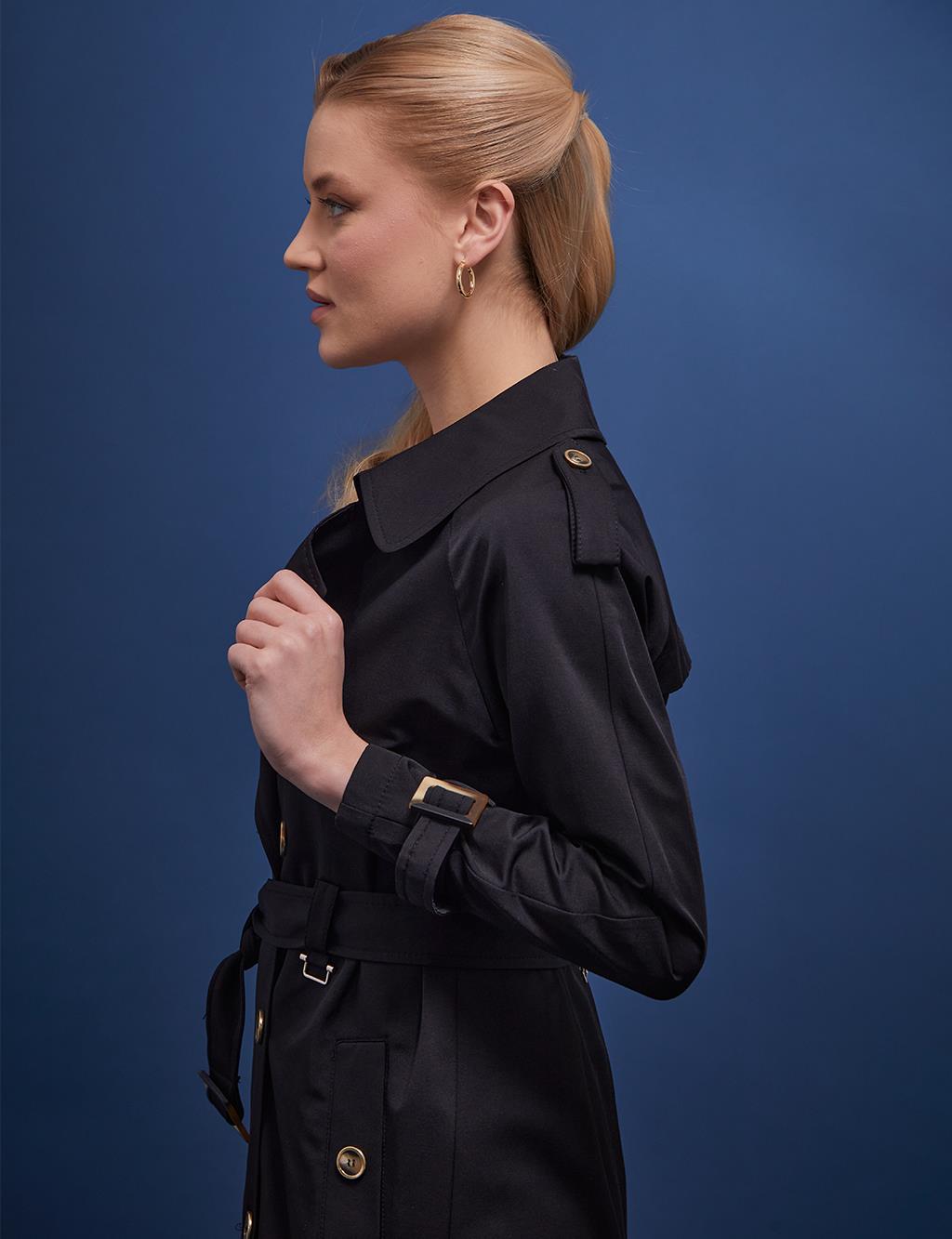 Bone Buttons Double Breasted Trench Coat Black