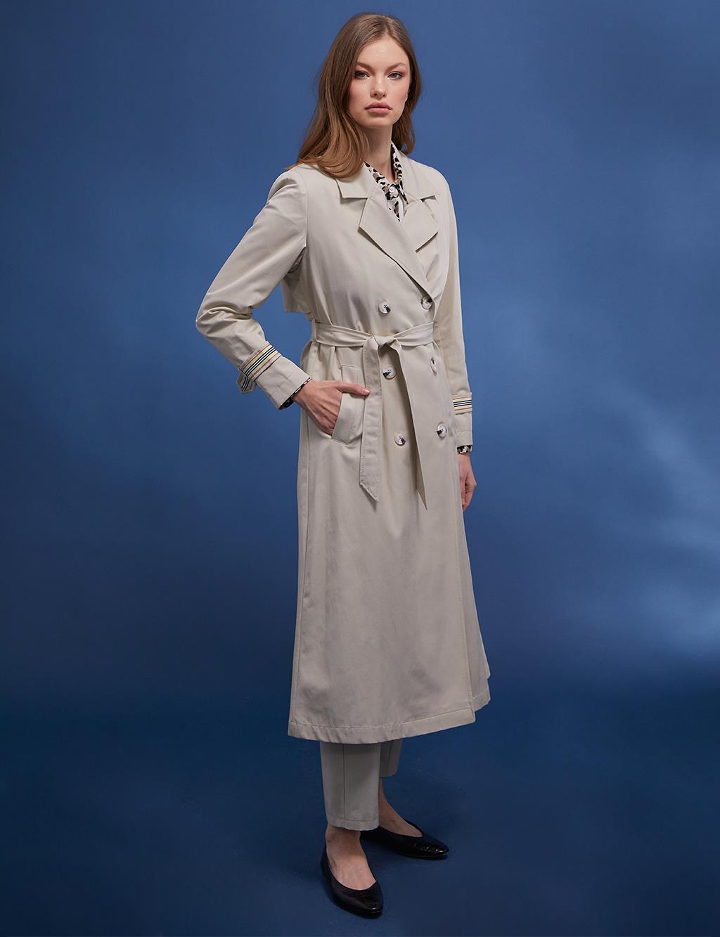 Windbreaker Detailed Ankle Epaulette Trench Coat Cream