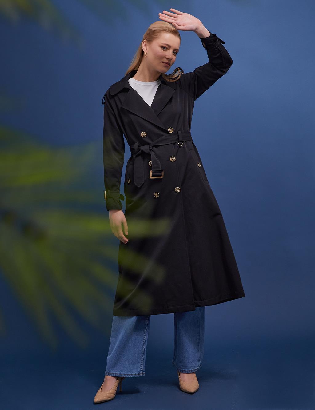 Bone Buttons Double Breasted Trench Coat Black