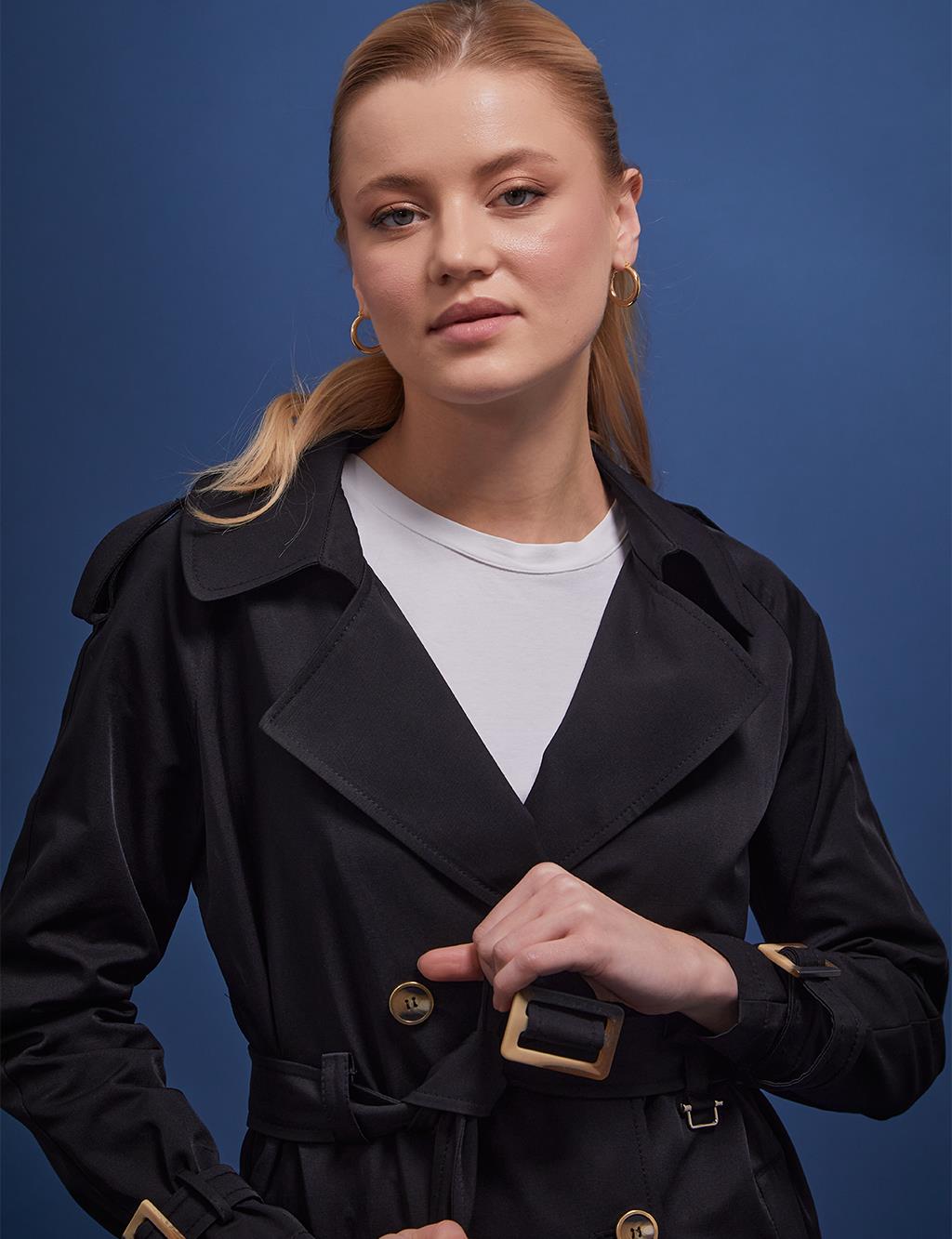 Bone Buttons Double Breasted Trench Coat Black