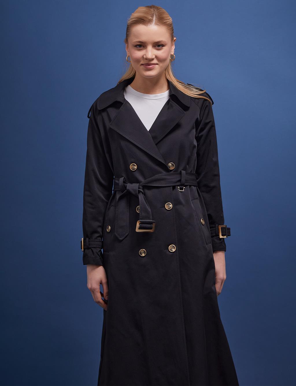 Bone Buttons Double Breasted Trench Coat Black