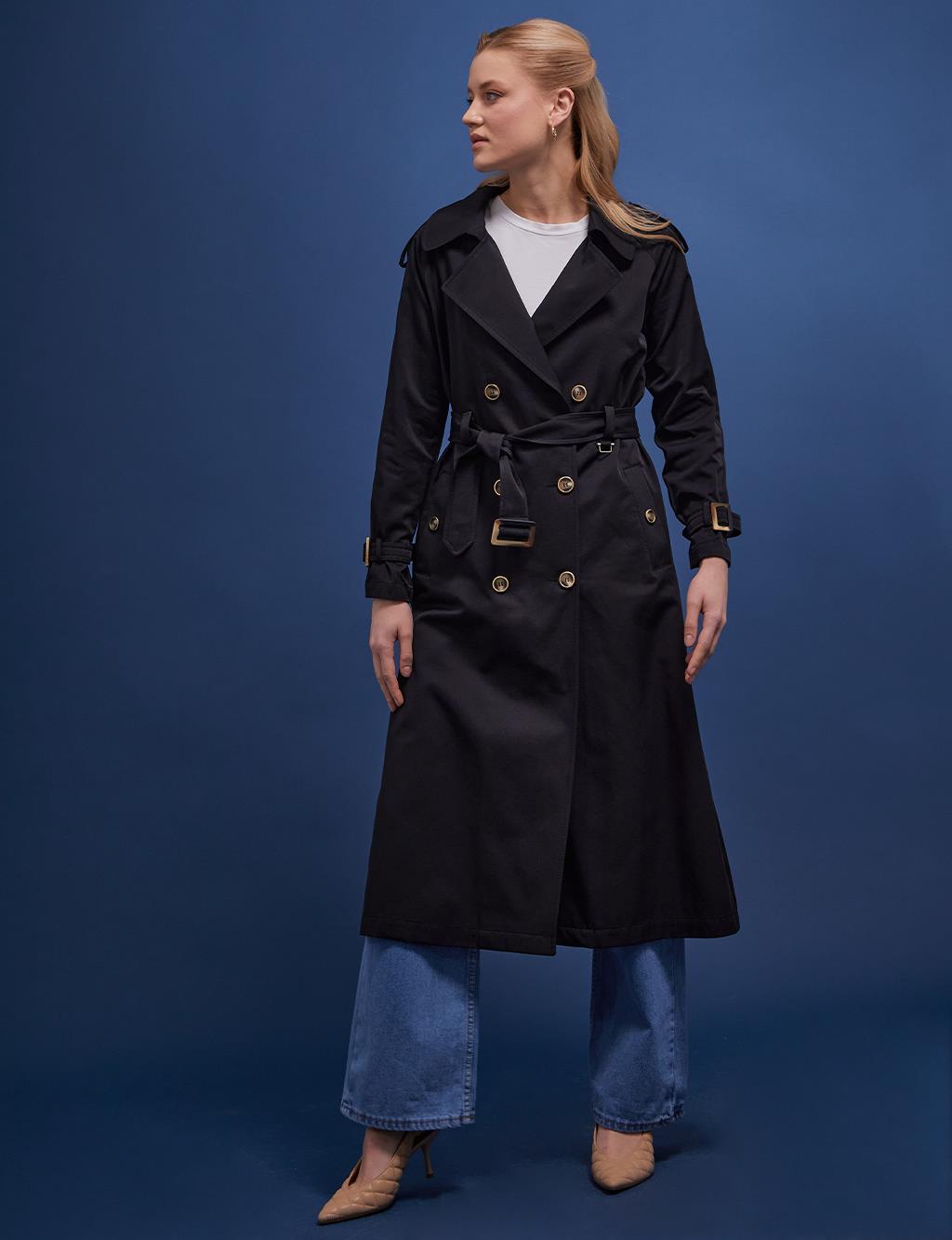 Bone Buttons Double Breasted Trench Coat Black