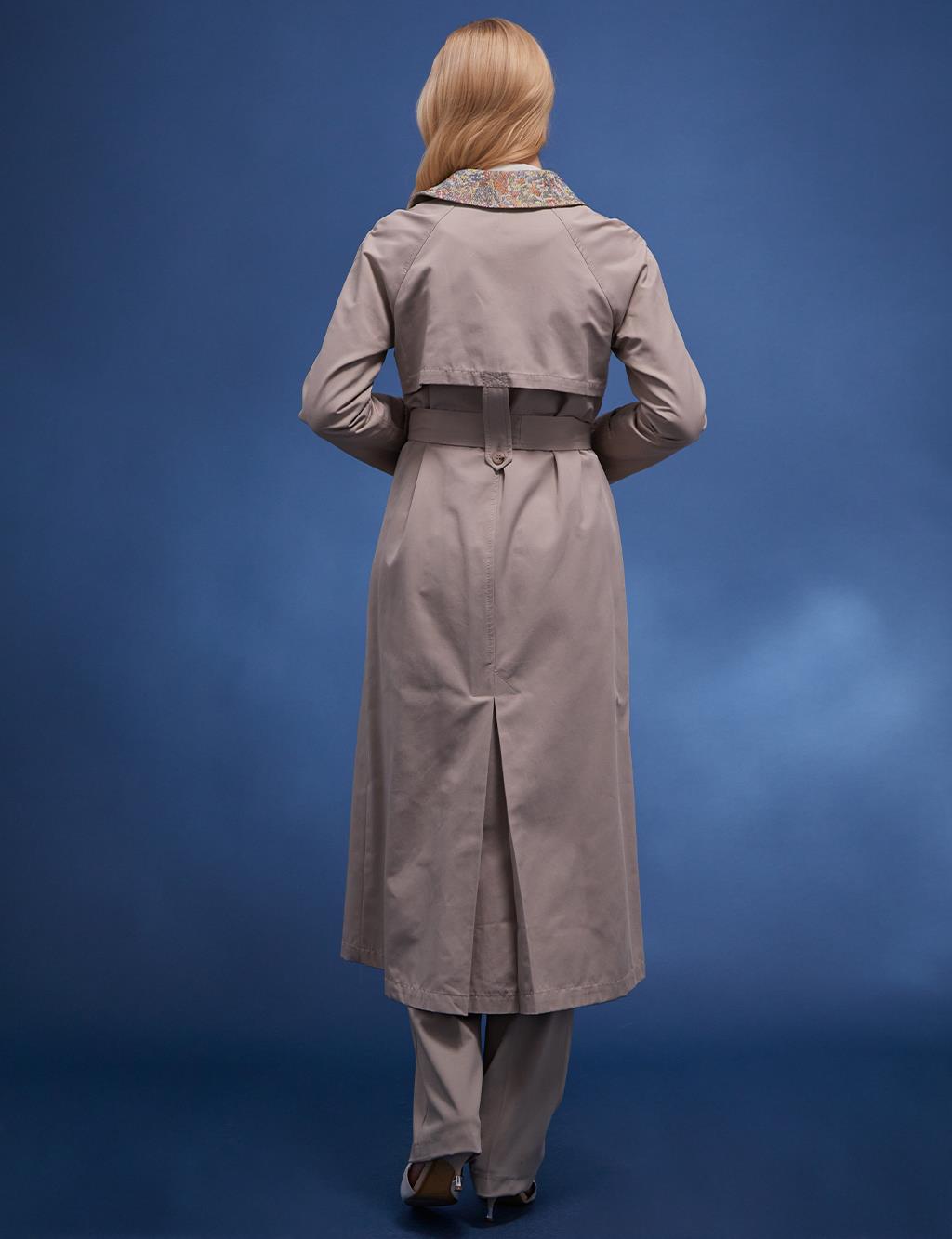 Neck Brocade Detailed Trench Coat Clay