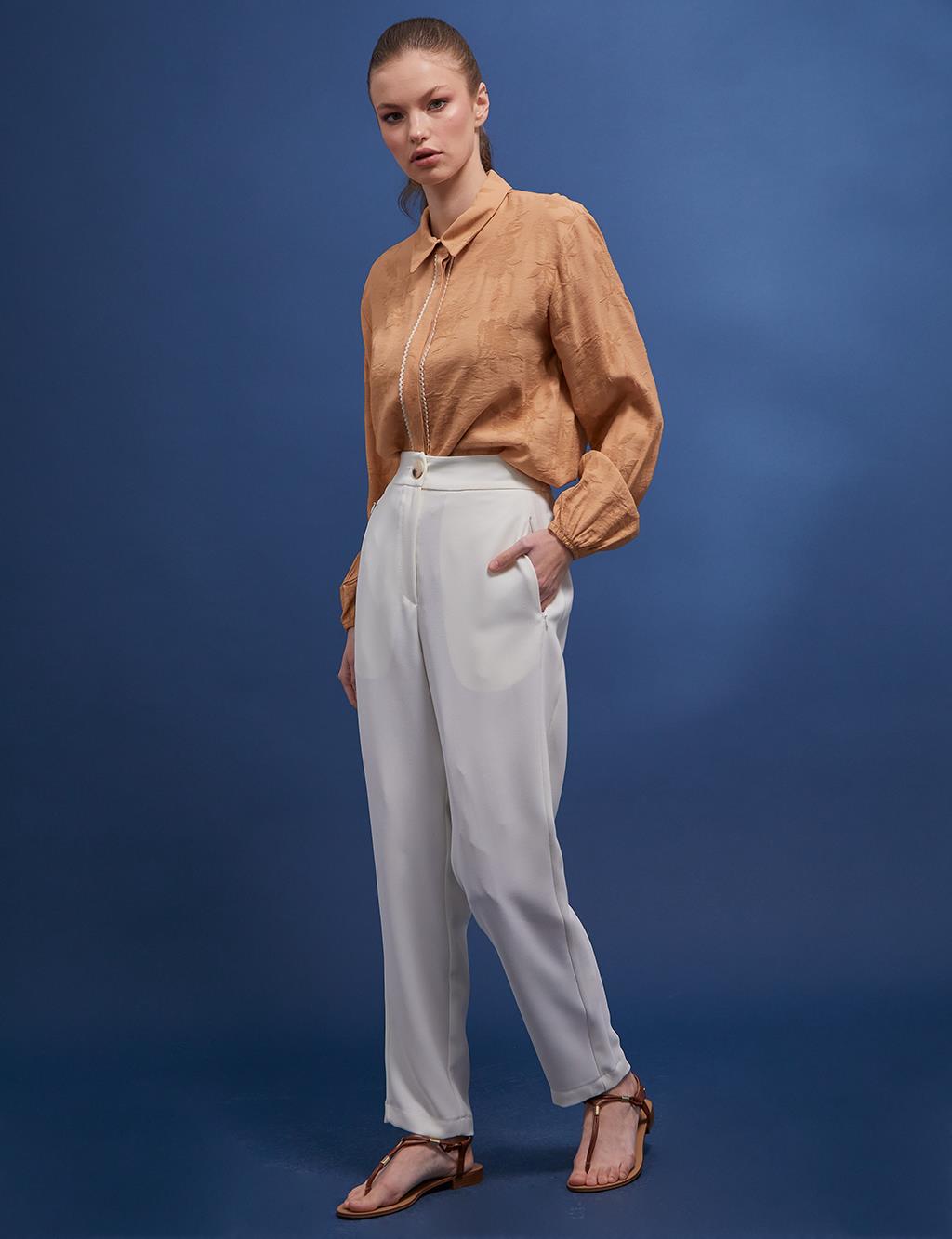 Back Elasticated Waist Fabric Pants Ecru