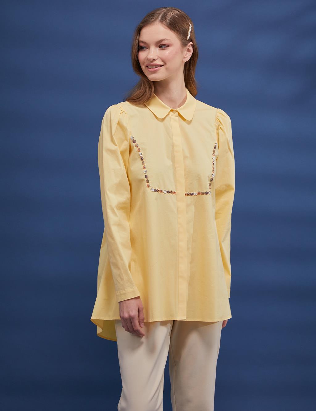 Bead Embellished Back Pleated Tunic Light Yellow