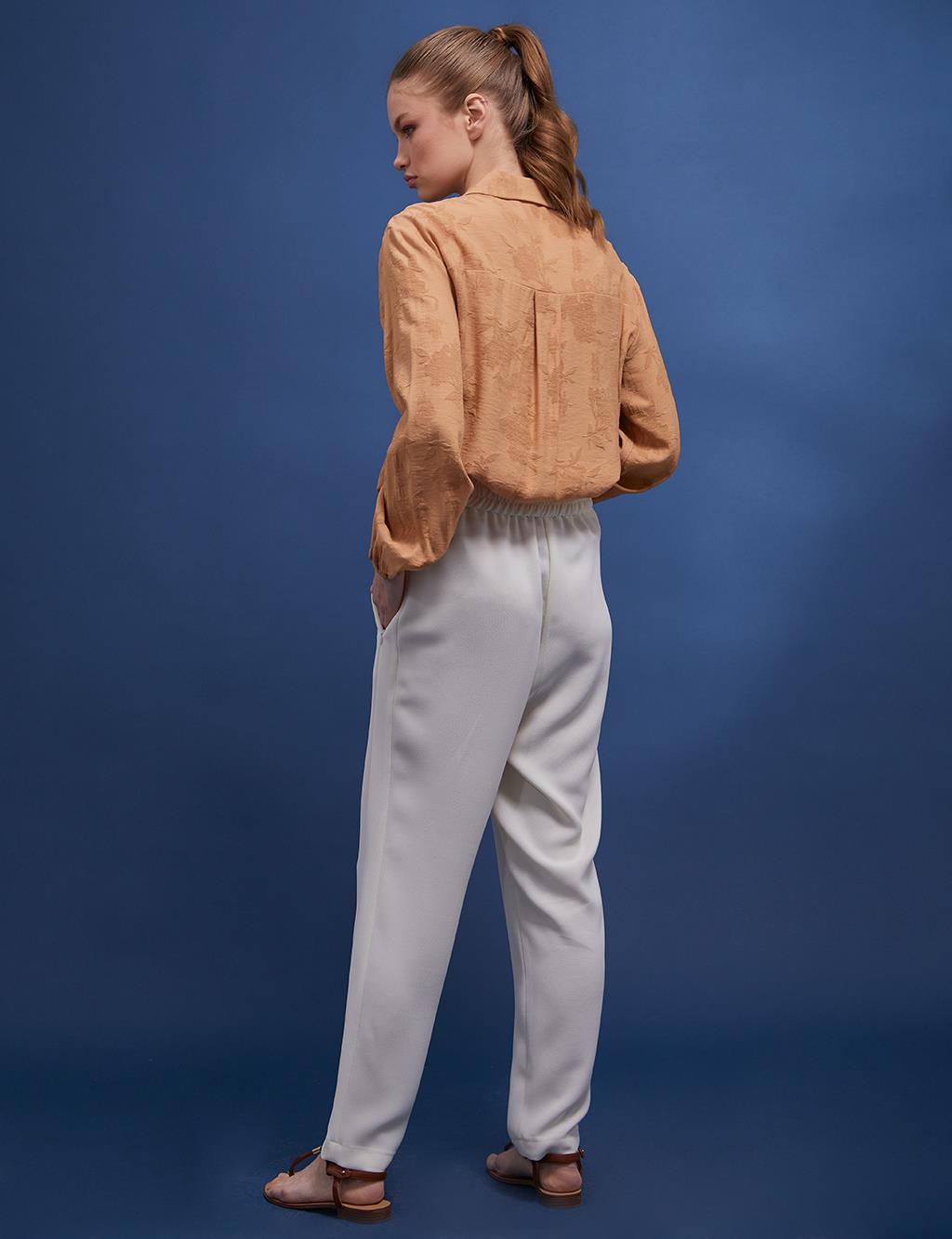 Back Elasticated Waist Fabric Pants Ecru