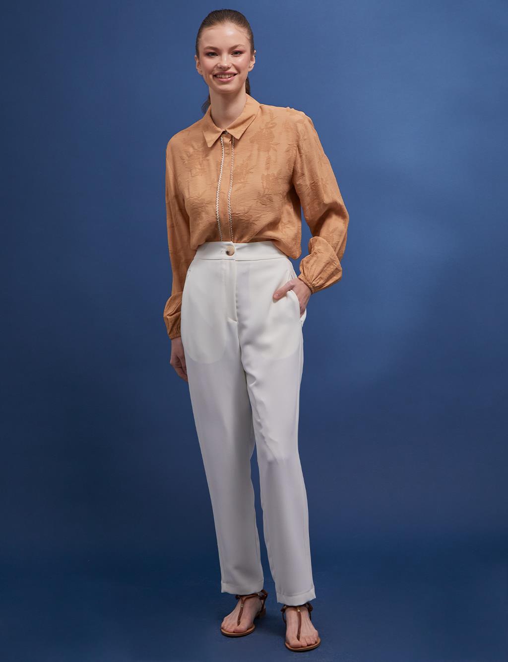 Back Elasticated Waist Fabric Pants Ecru