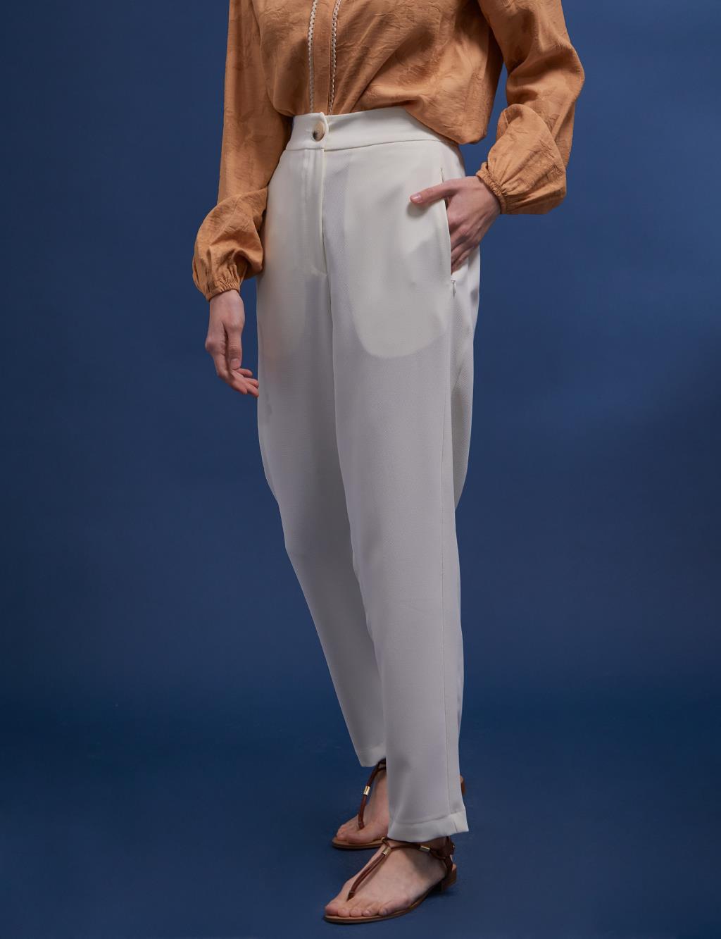 Back Elasticated Waist Fabric Pants Ecru