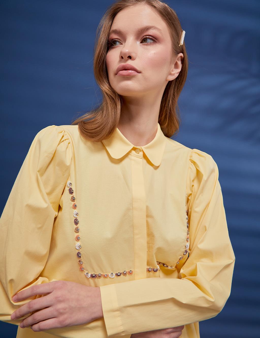 Bead Embellished Back Pleated Tunic Light Yellow