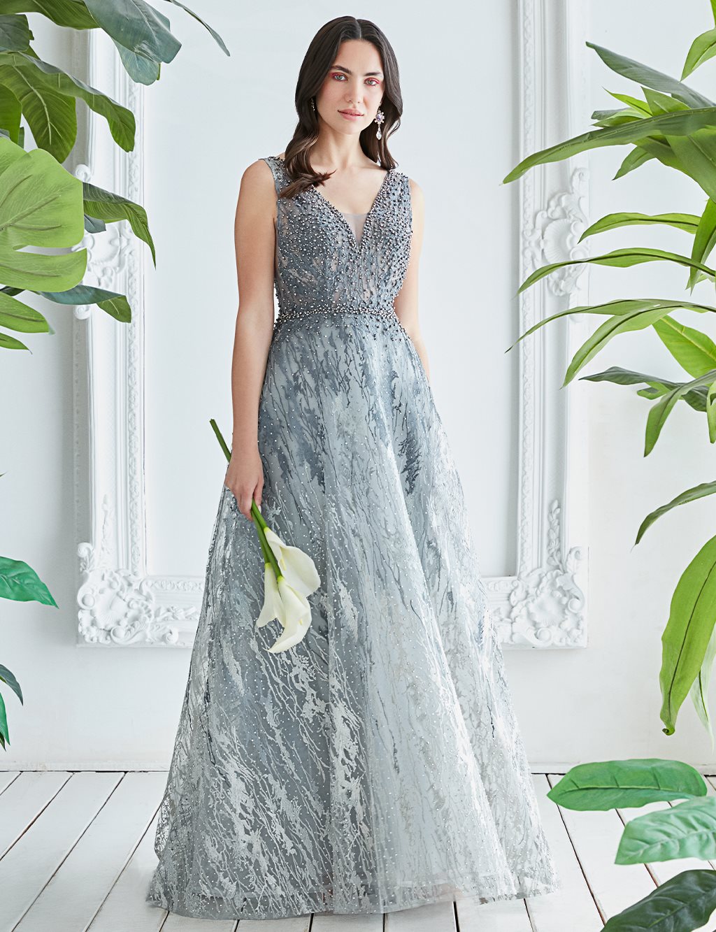 Beaded Embroidered Evening Dress Silver