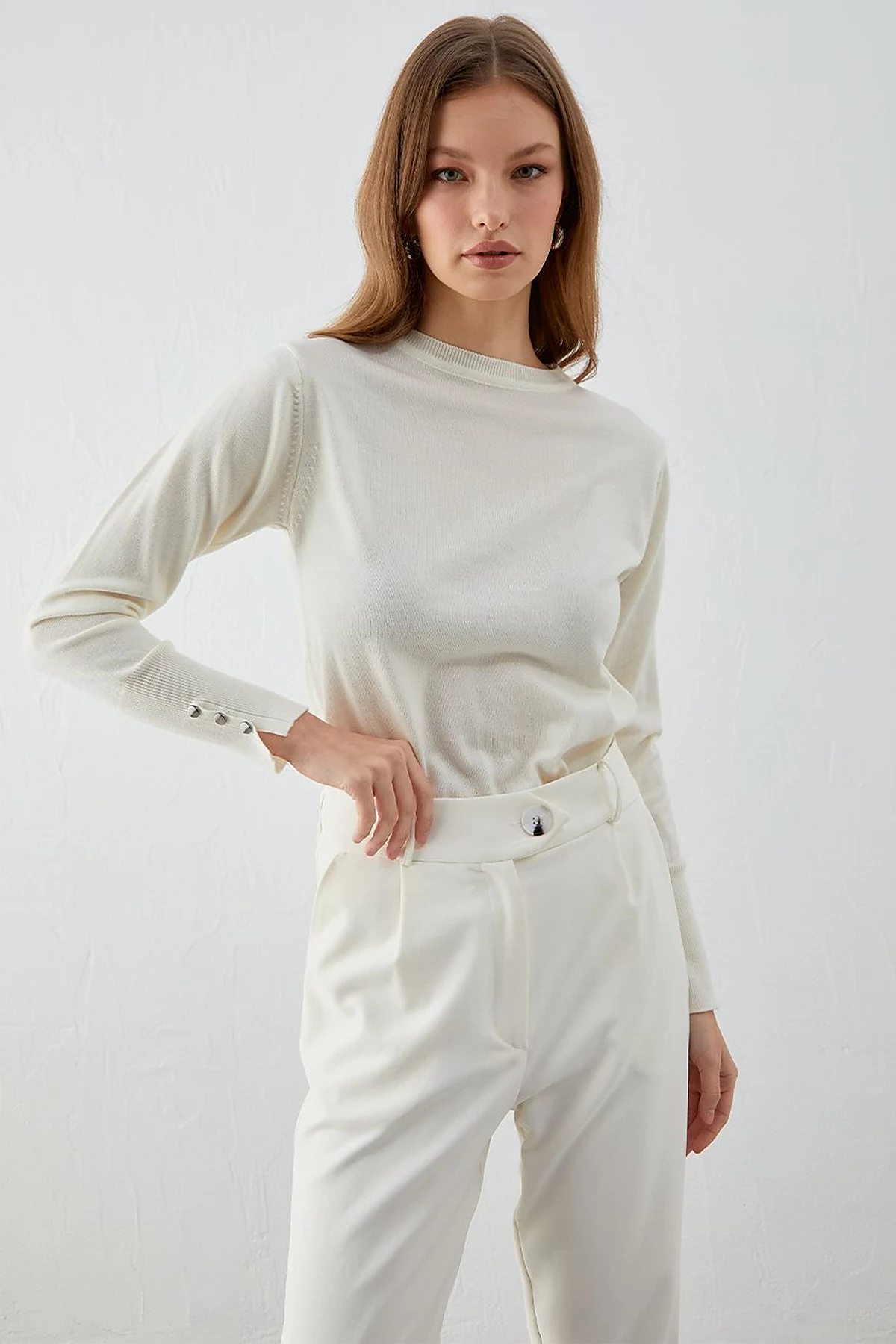 Beli Lastikli Slouchy Pantolon Beyaz