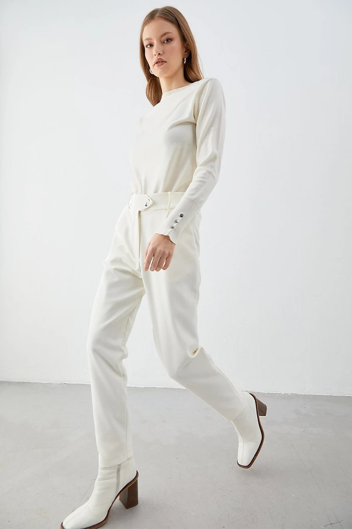 Beli Lastikli Slouchy Pantolon Beyaz