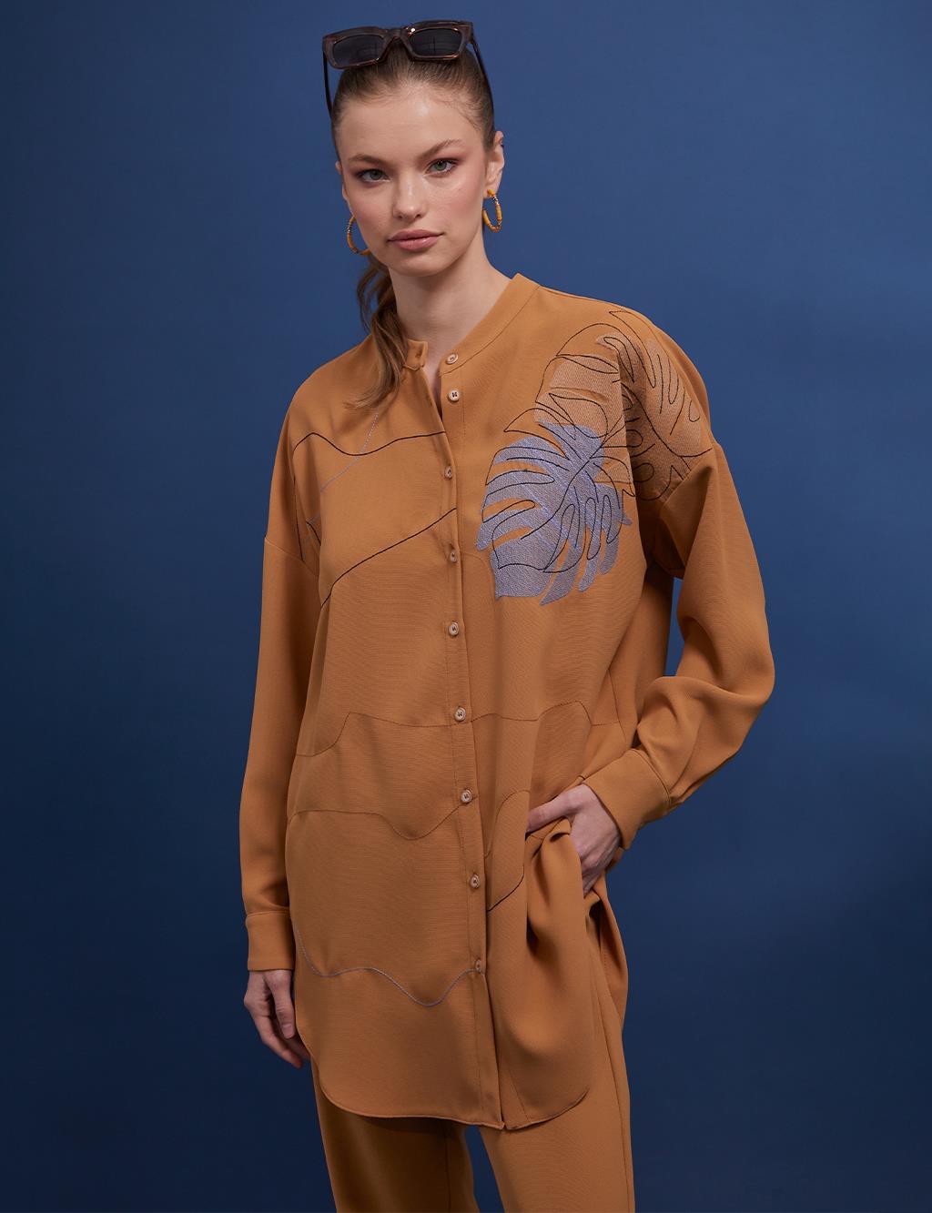 Leaf Patterned Grandad Collar Shirt Camel