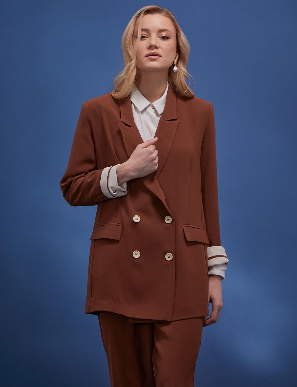 Bone Button Double Breasted Jacket Brown