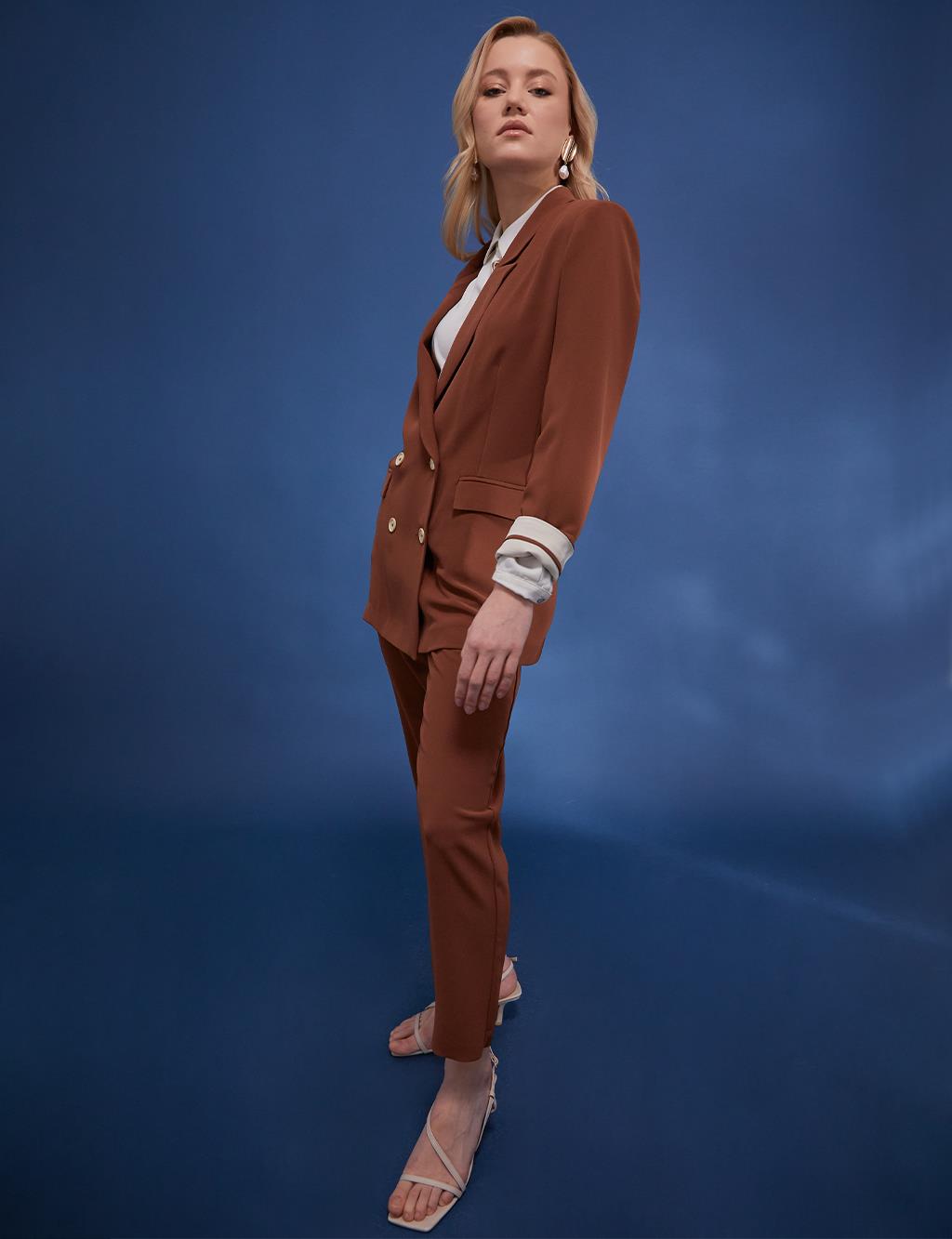 Bone Button Double Breasted Jacket Brown