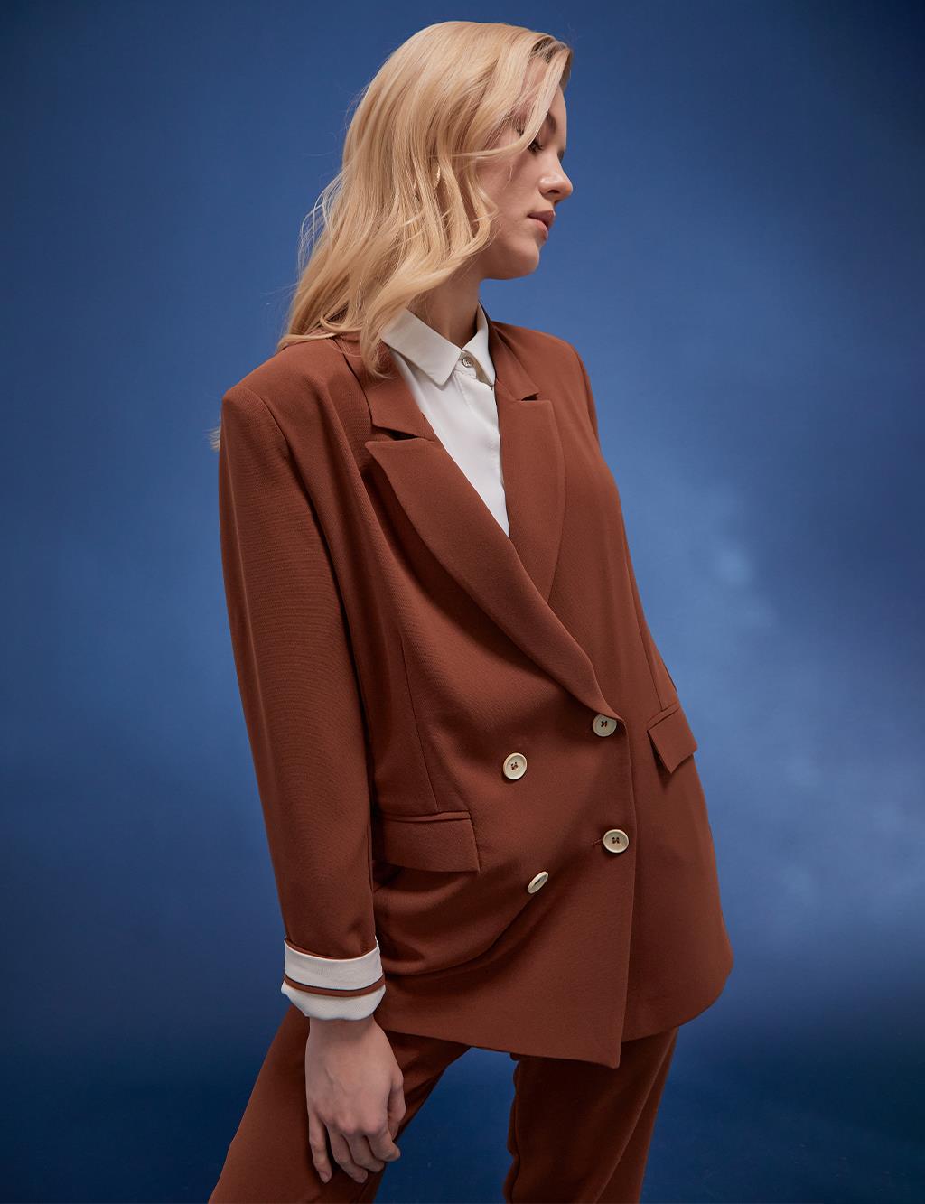 Bone Button Double Breasted Jacket Brown