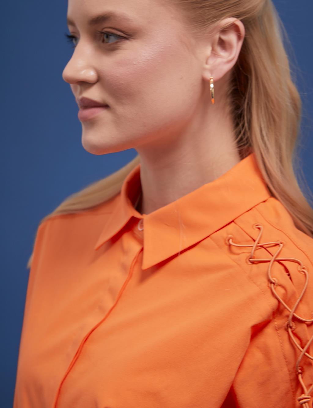 Shoulder Detailed Printed Shirt Orange