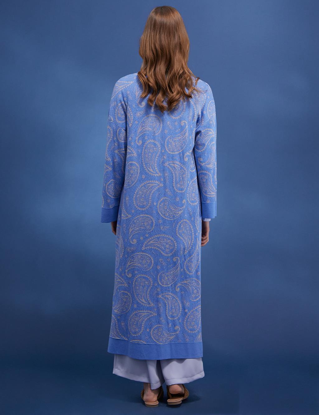 Ethnic Pattern Long Knitwear Cardigan Blue